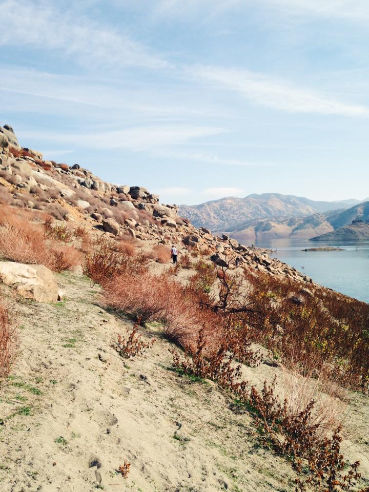 A short hike down the hill. Easy to walk around the lake.