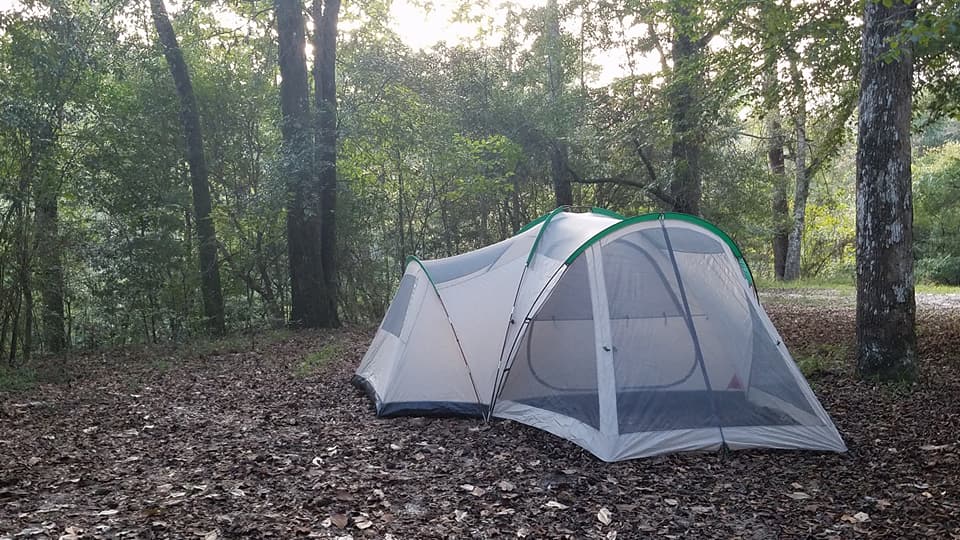 Our tent set up nicely under some trees.