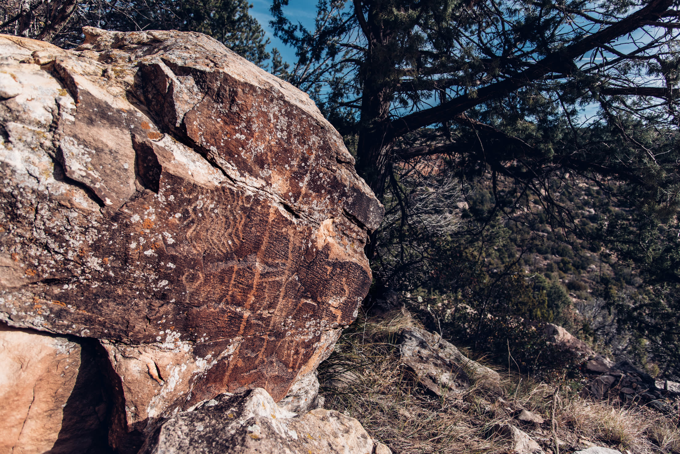 Native American petroglyphs outside the caves on the property