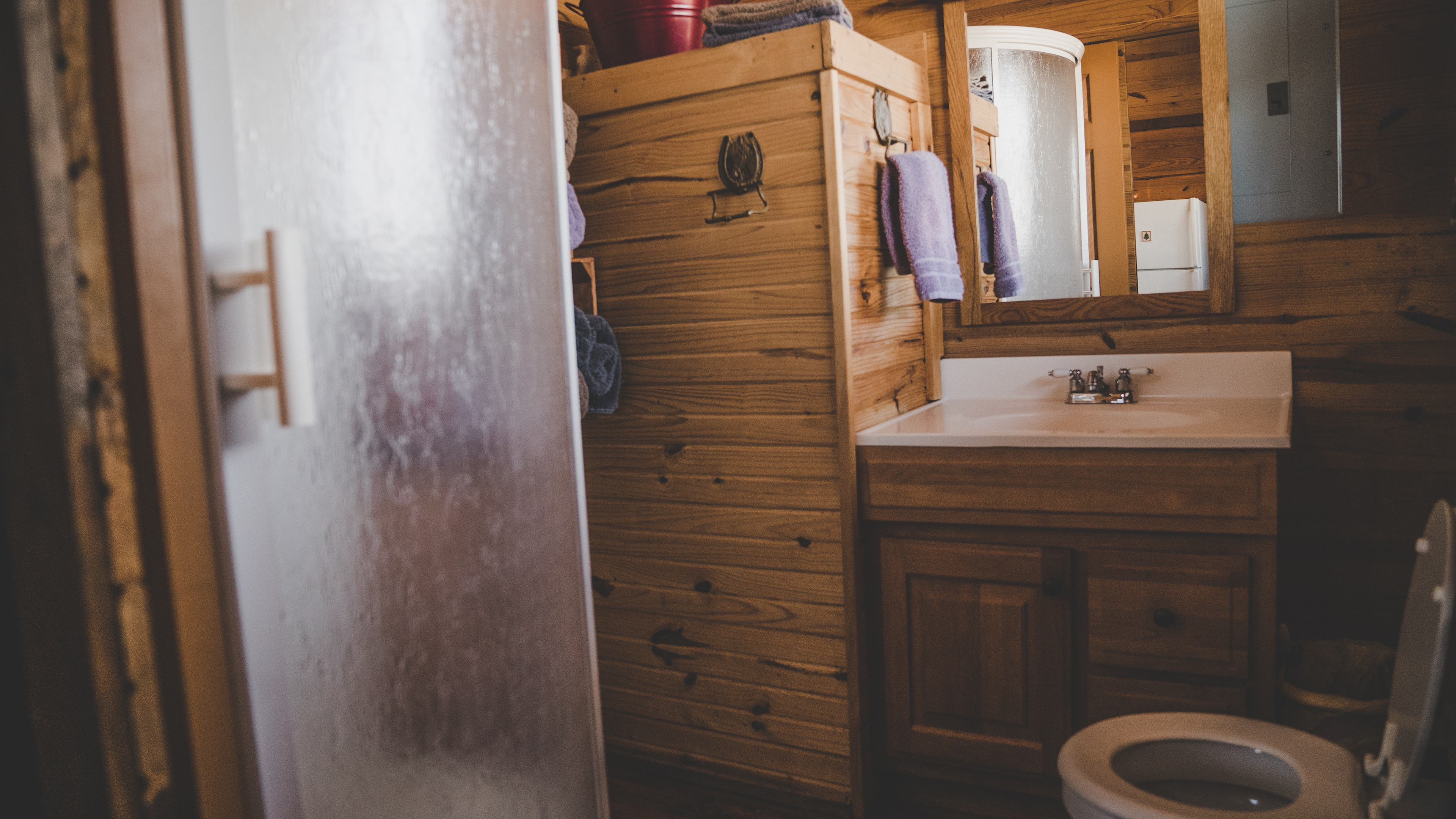 Full bath downstairs with running water, toilet and shower.