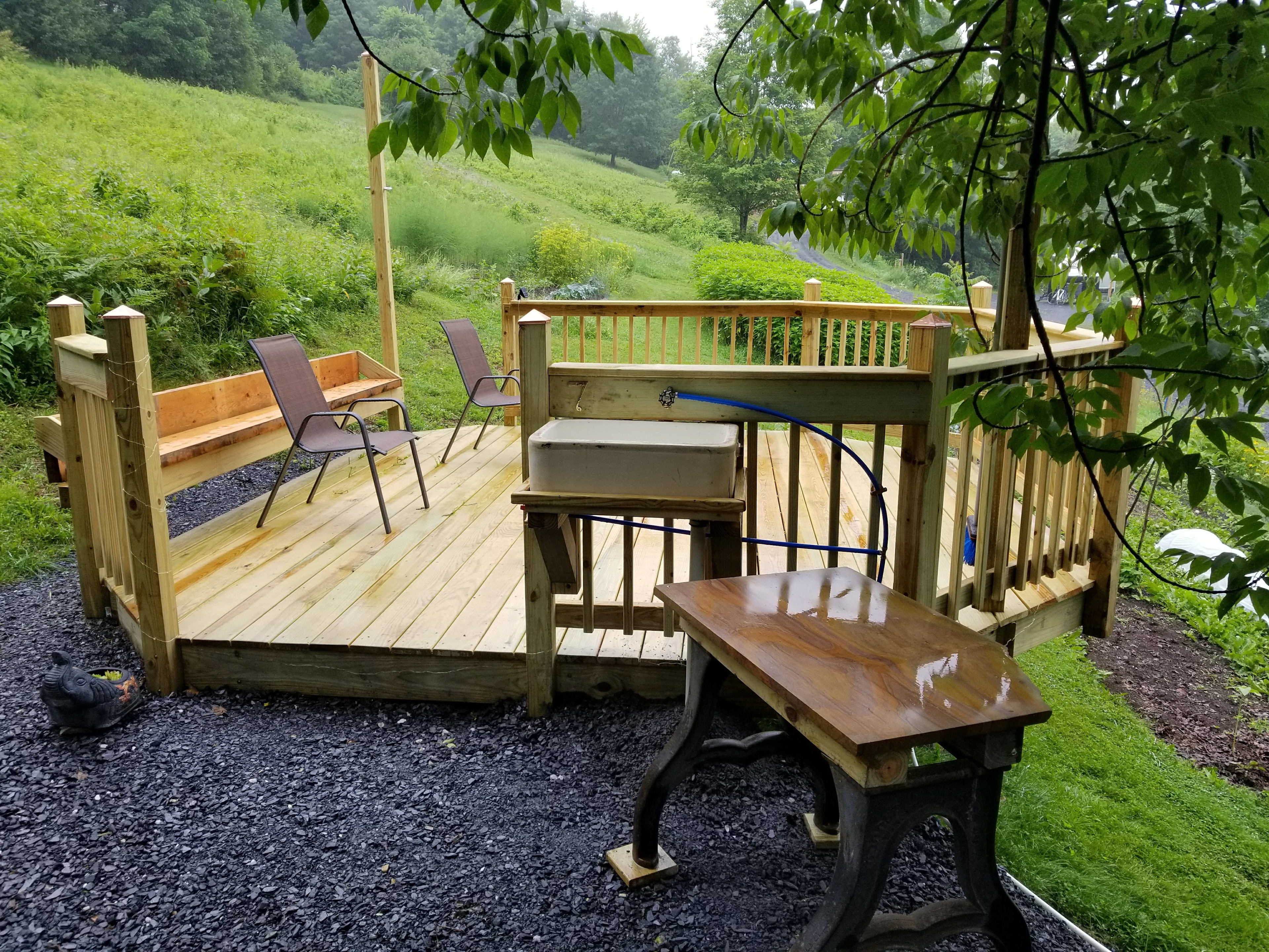 Our Glamp site 3 includes : 10'x10' canopy, 12'x12'Deck ,sink ,propane stove ,water, table & fire ring. Solar charging for phones and laptops