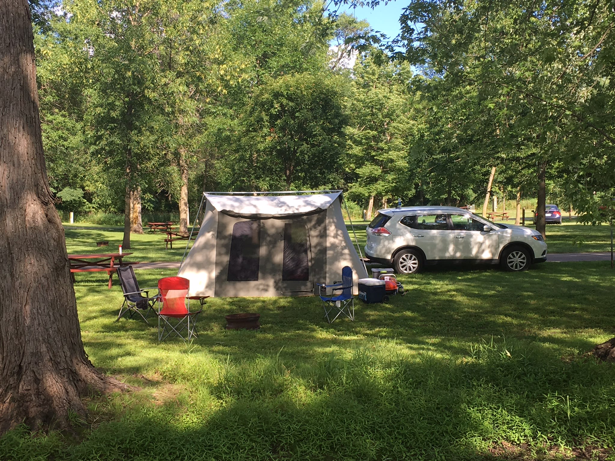 The non power tent sites are flat and roomy.  I have a large 10x16 tent pictured here. 