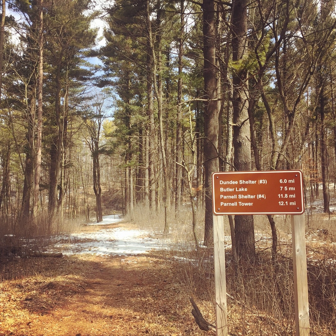 entrance to Ice Age Trail heading north towards the Parnell Lookout Tower. approx 12 miles to the Tower. parking is available at Mauthe Lake Campground entrance (State Parks sticker required) 