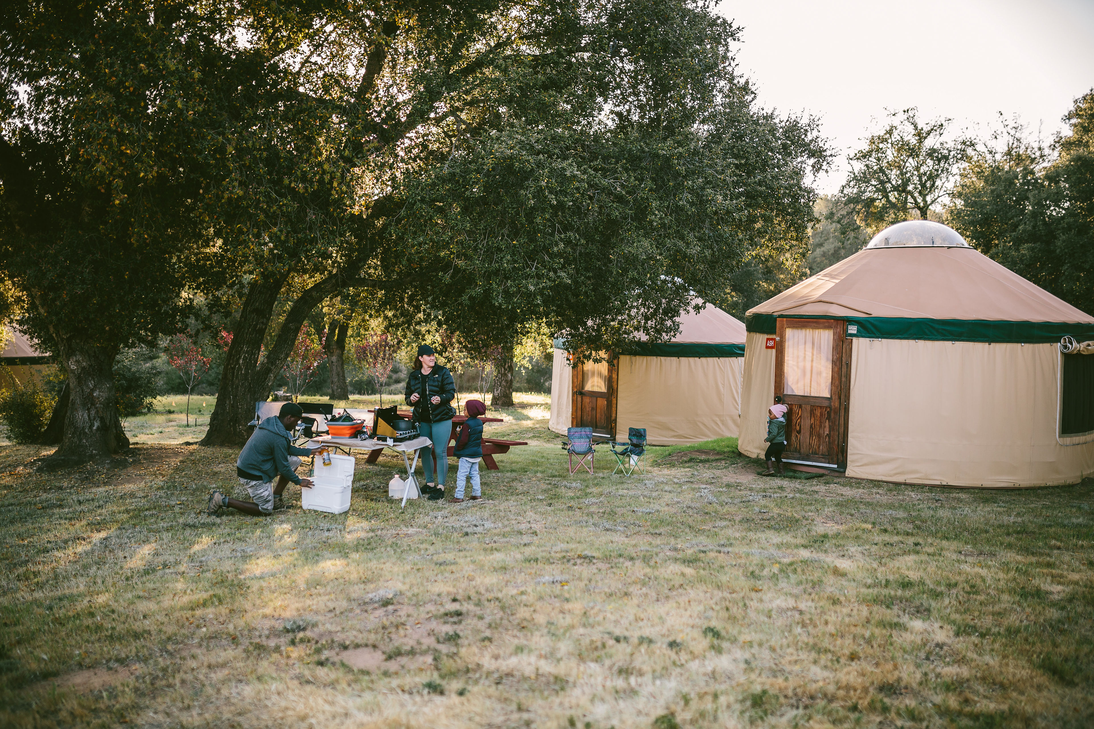 Getthing things prepped for dinner. There a picnic tables near the yurts that you can use.