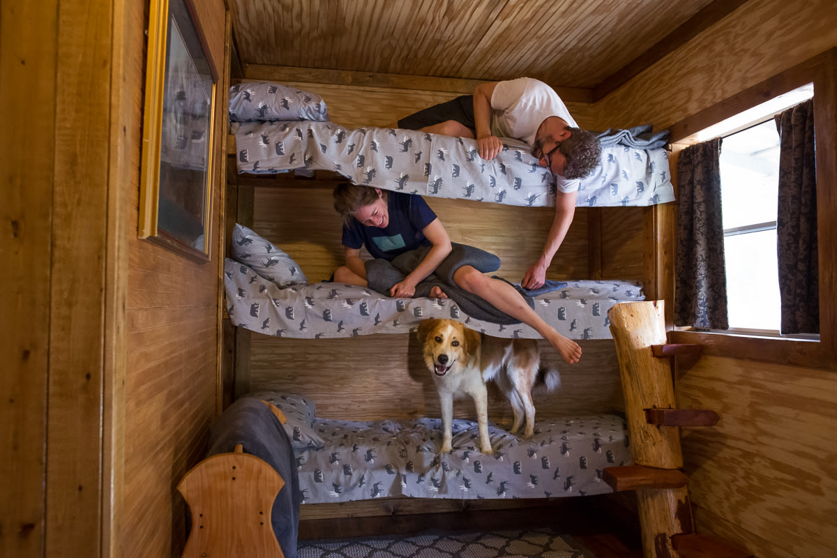 Tiny cabin slumber party! Who brought the mani-pedi kit?