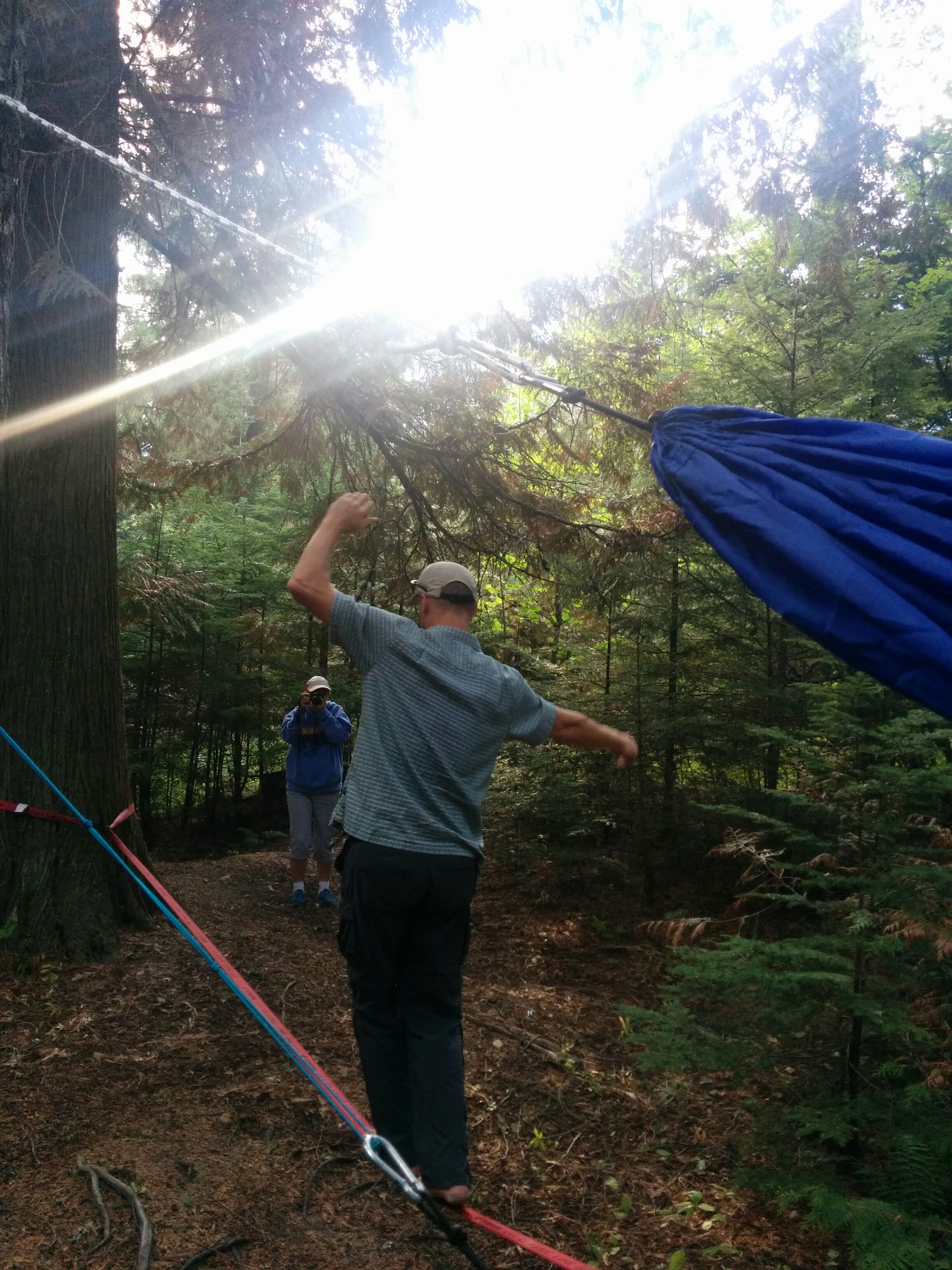 Hey, we've learned a few tricks along the way, and one is to protect trees when hammocking/slack-lining... Since this picture, we now use an old blanket or similar to protect the tree's bark. 