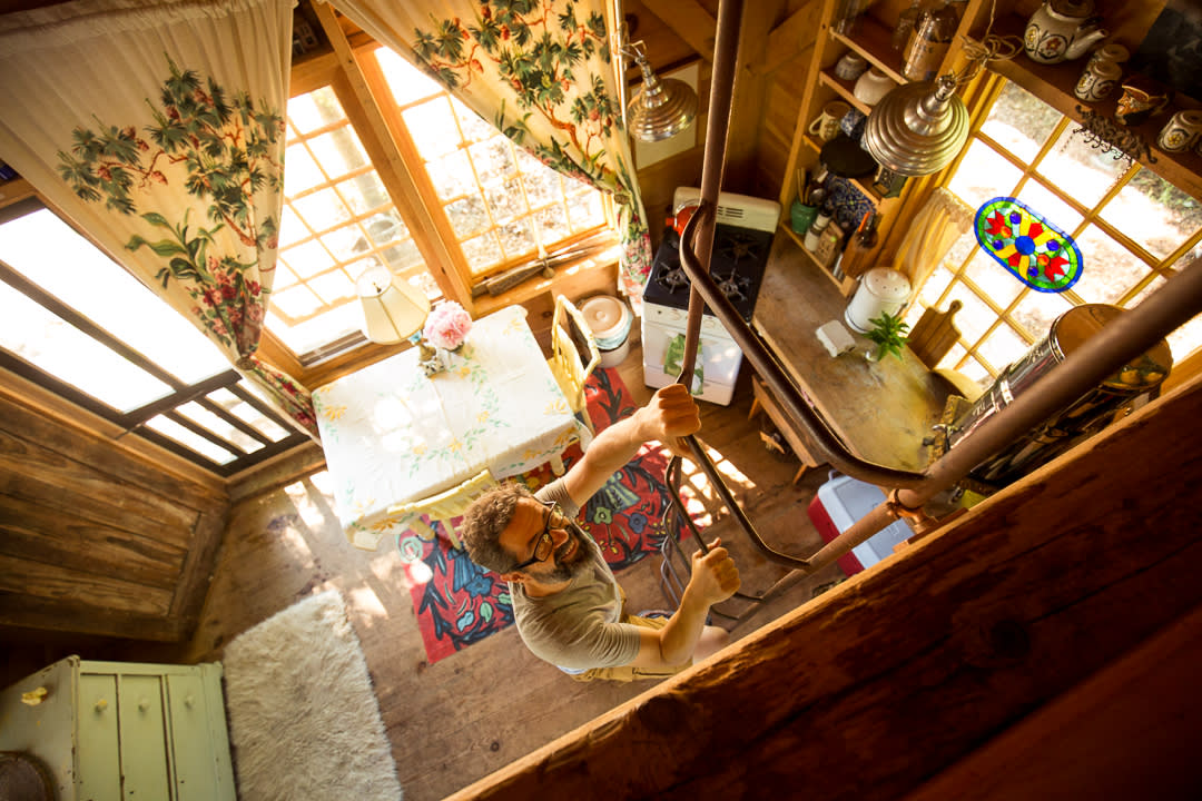 Looking down from the cabin's loft. 
