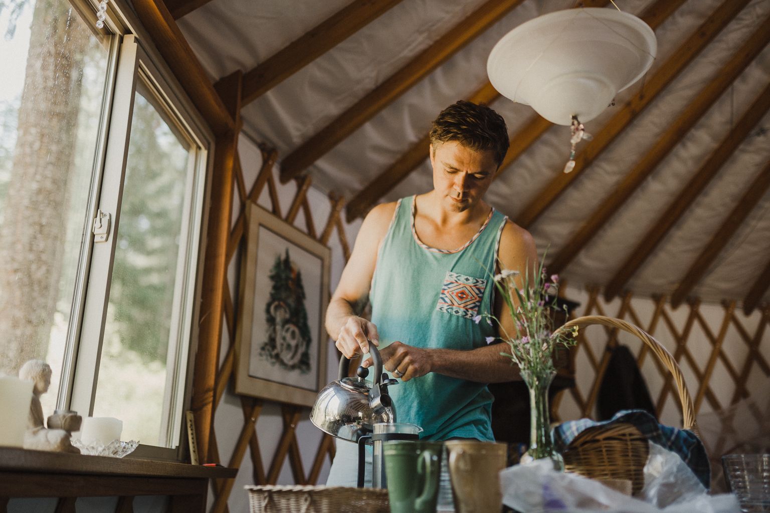 Making fresh coffee using the french press provided and organic coffee from the cupboard!