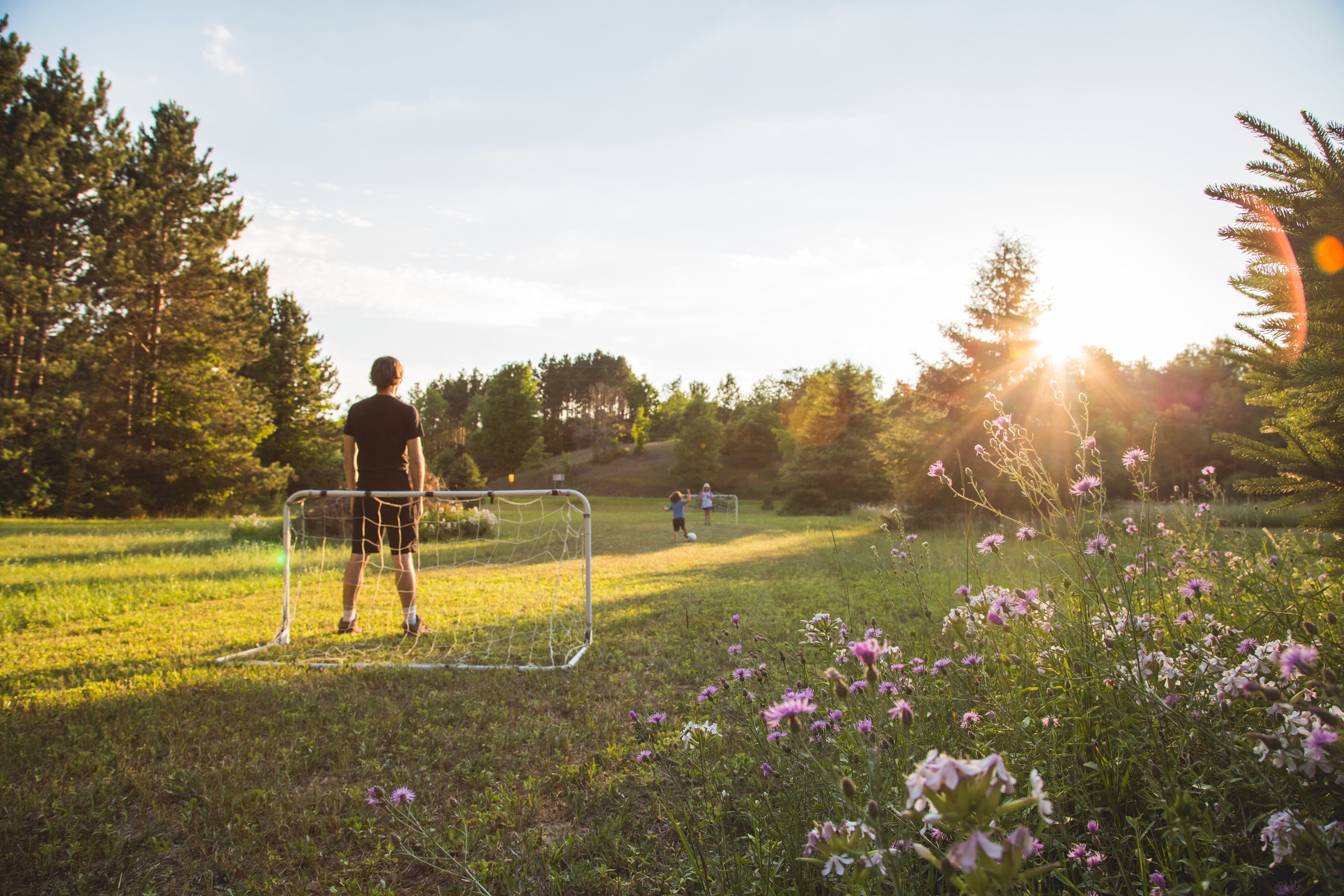 A soccer ball and nets are available for play.