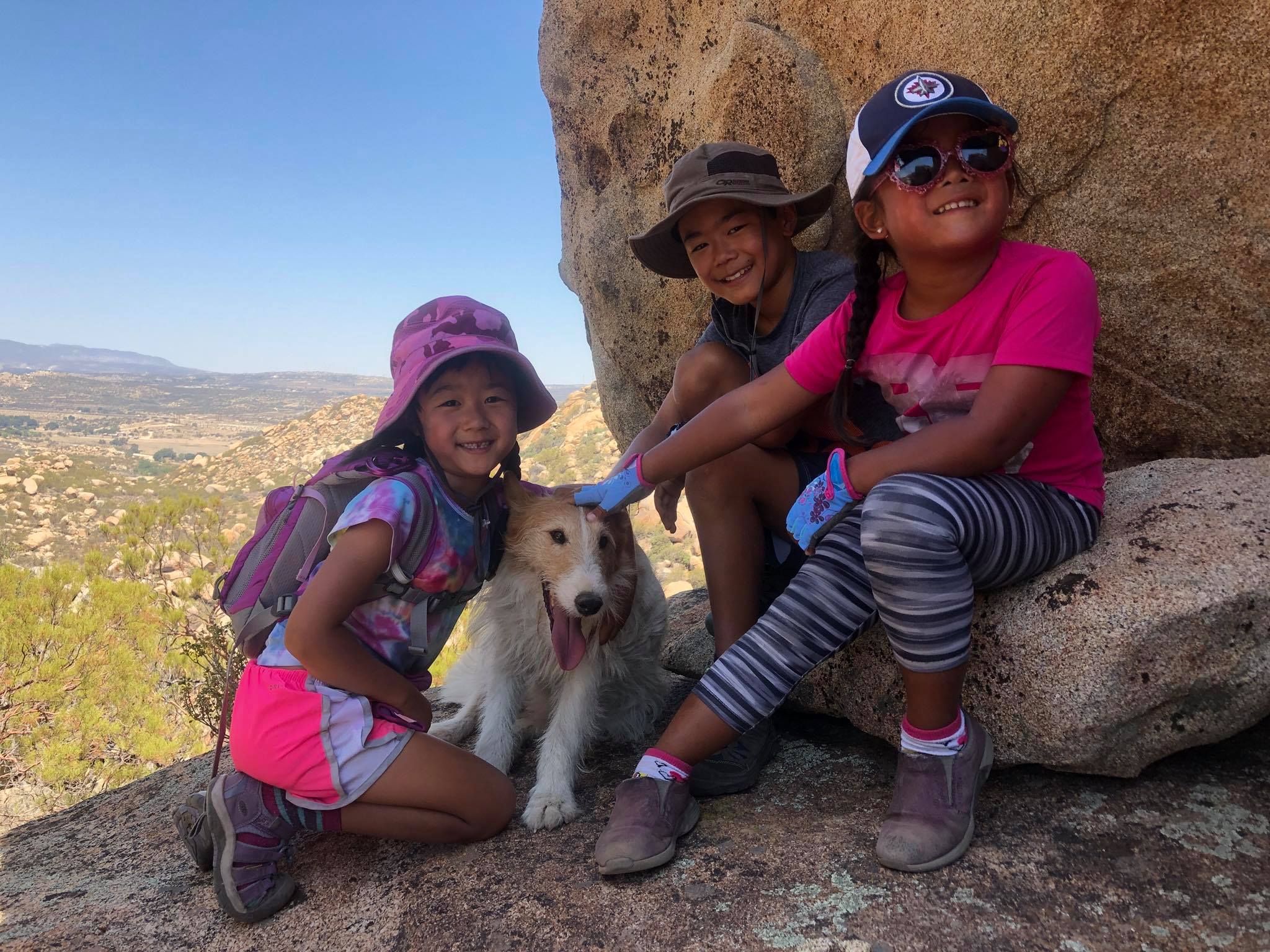 The kids with Wishy at the top of the tie-dyed marked trail. 