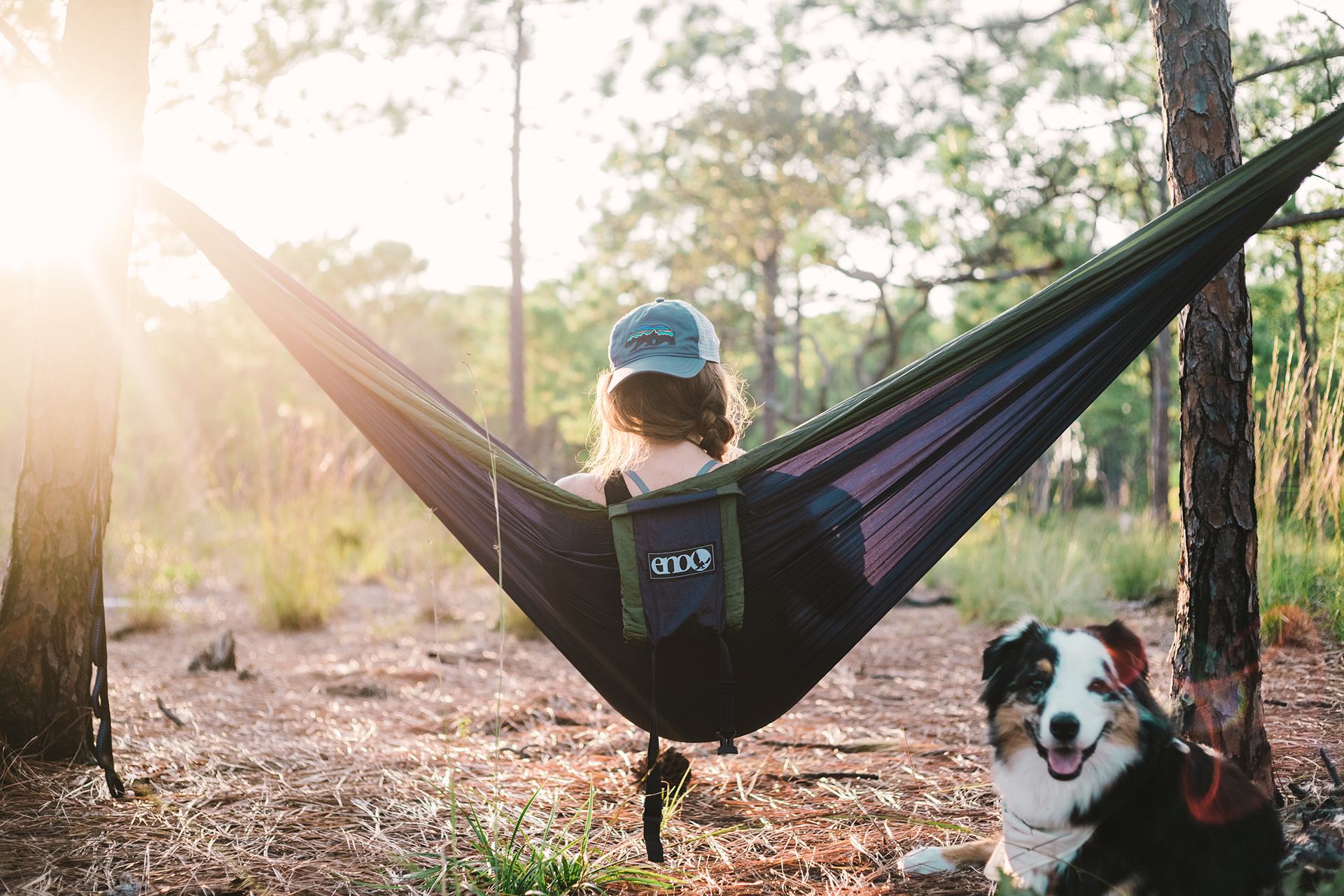 Relaxing during sunset in an Eno hammock at the group campsite off of the swamp trail.