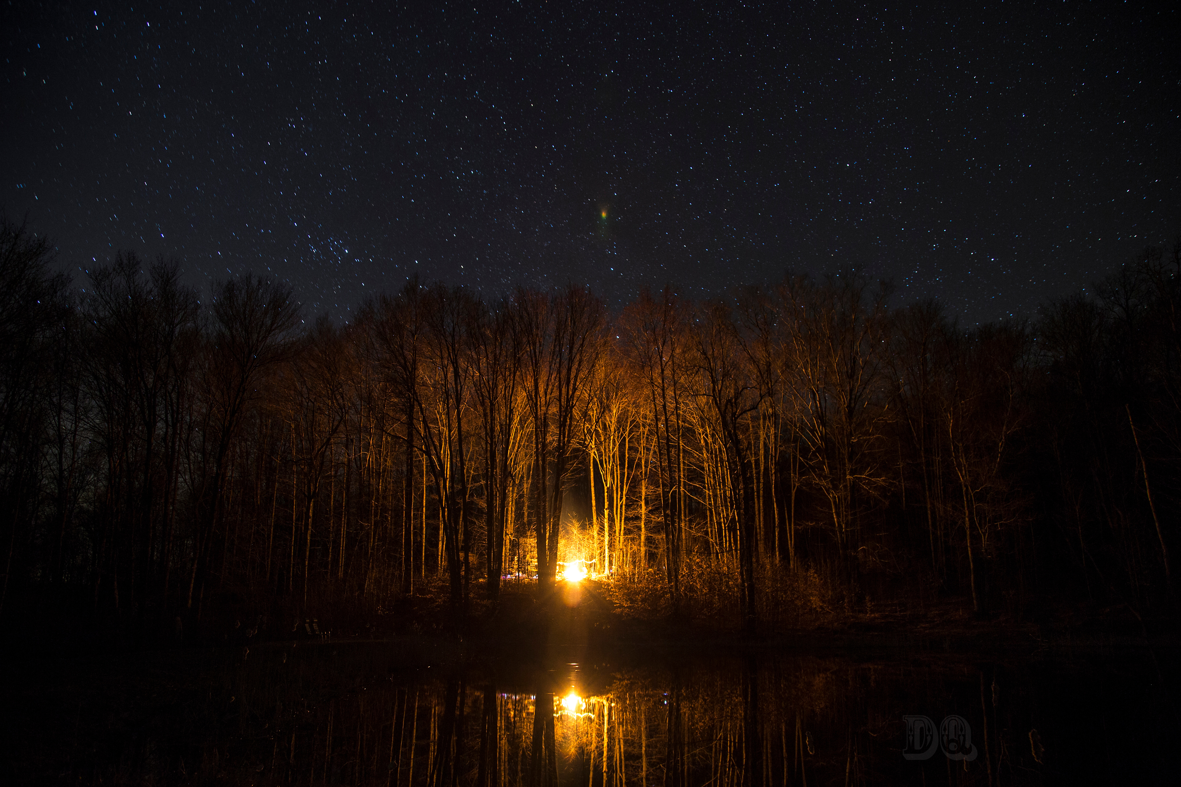 A campfire by the pond.
