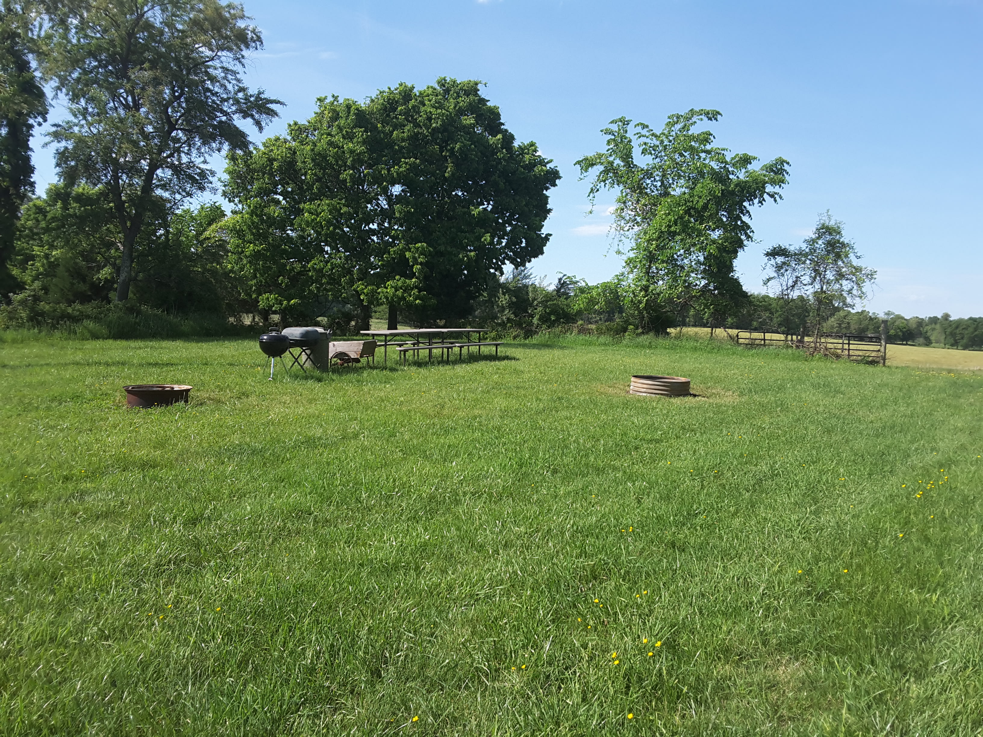 Large area to set up camp and park. Table, 2 fire rings, and grill, park right at the site.