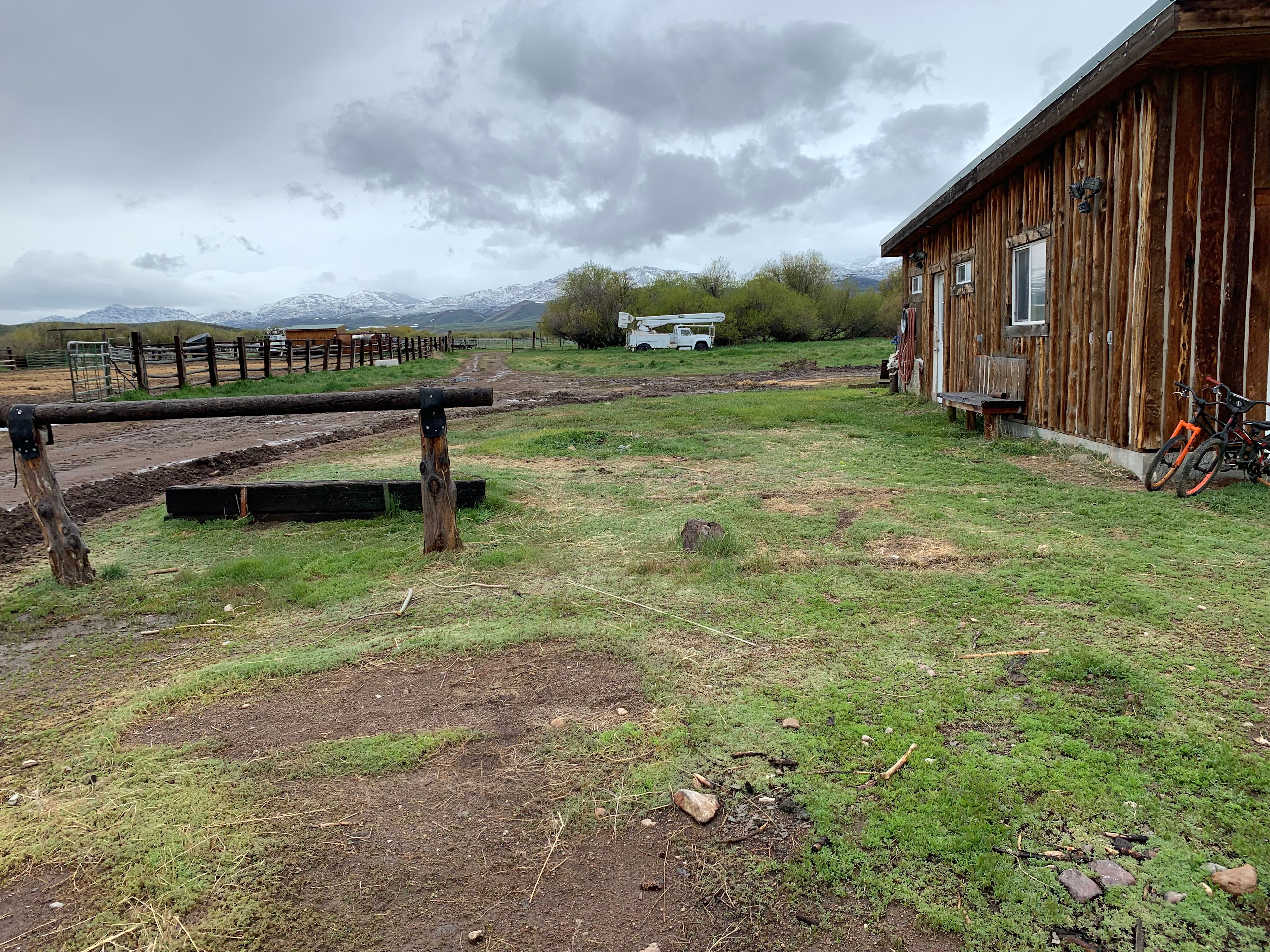 Looking across our barnyard to shop bathrooms