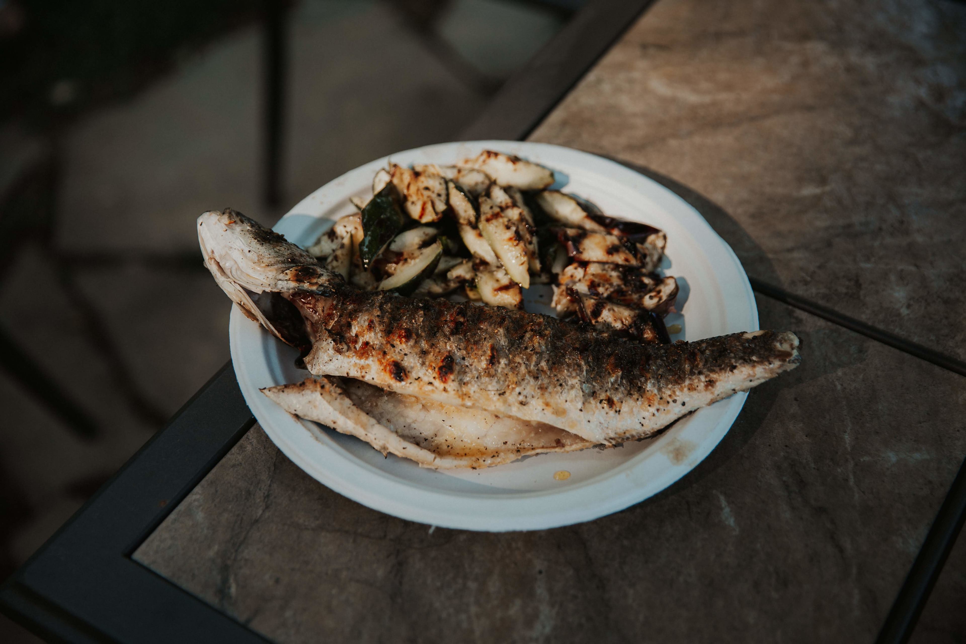 Grilled branzino with zucchini and Chinese eggplant
