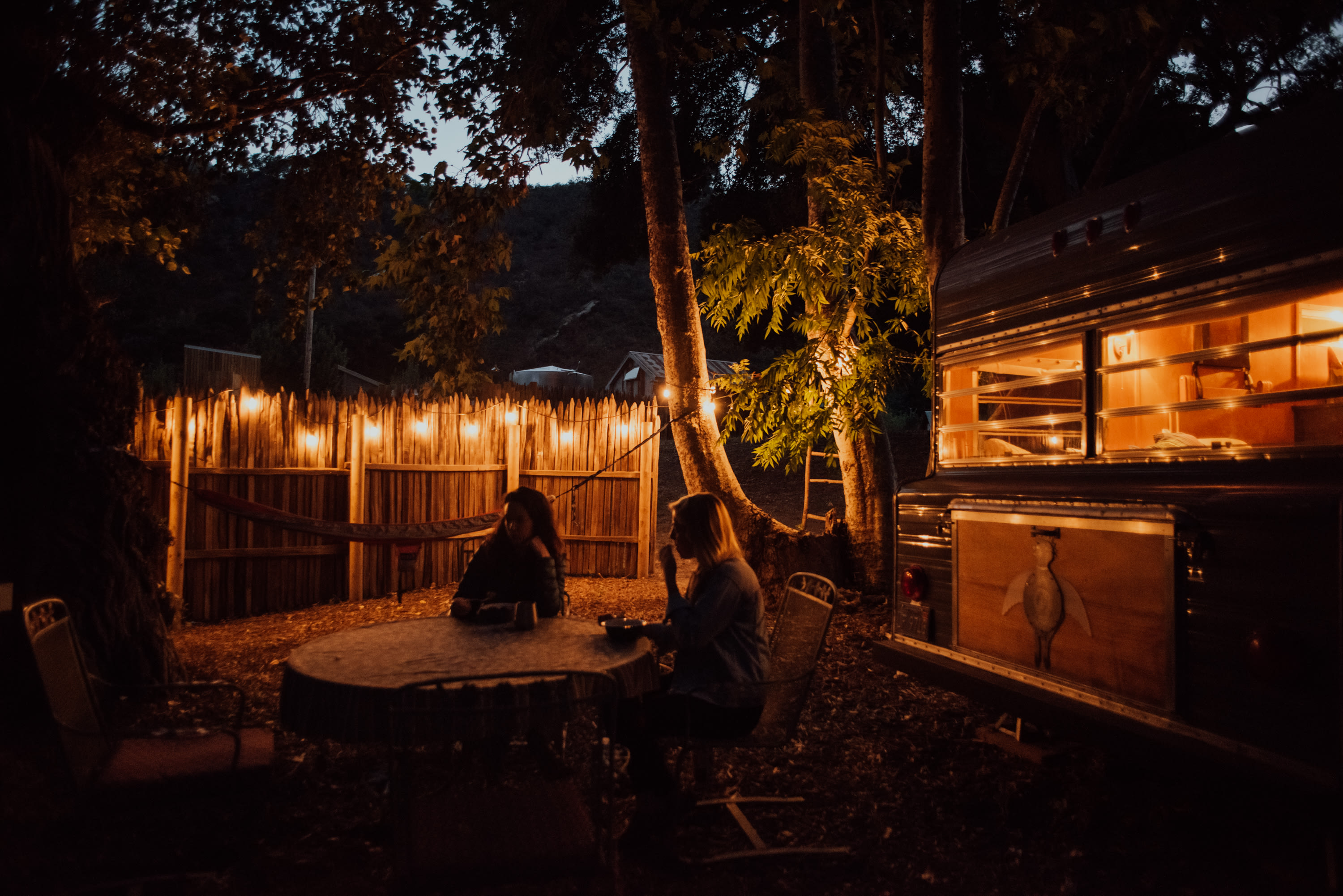 Our dinner under the twinkling lights.