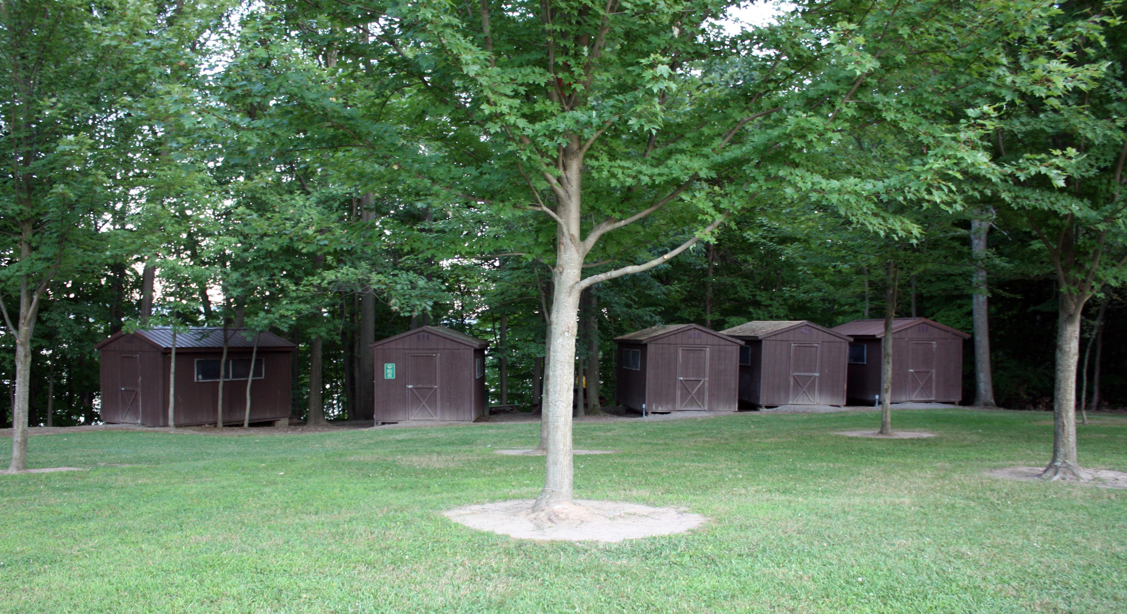 Our camper cabins are clustered together in one area, near our Main Lodge building and close to the lakefront.