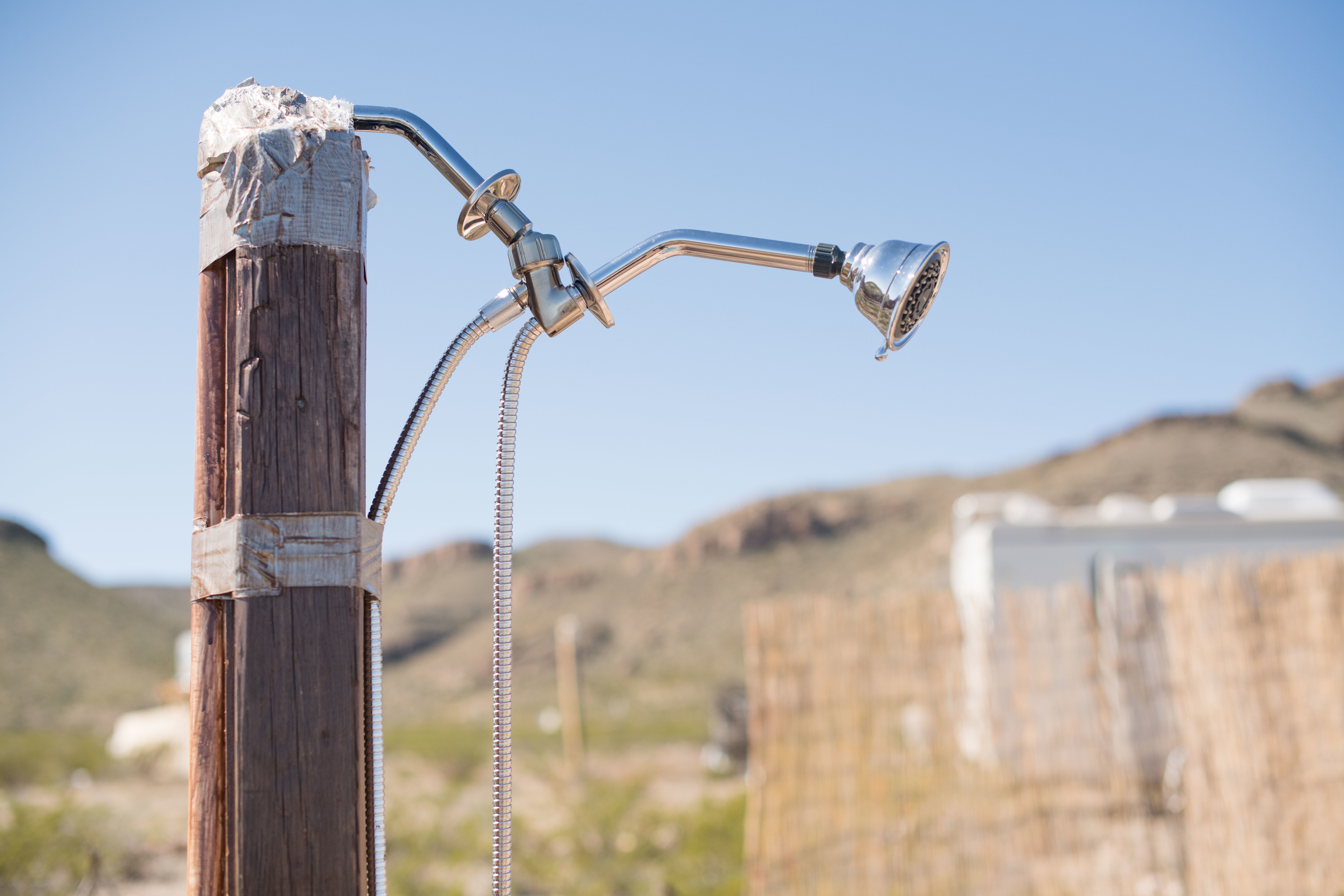 There is an outdoor shower available for camper use