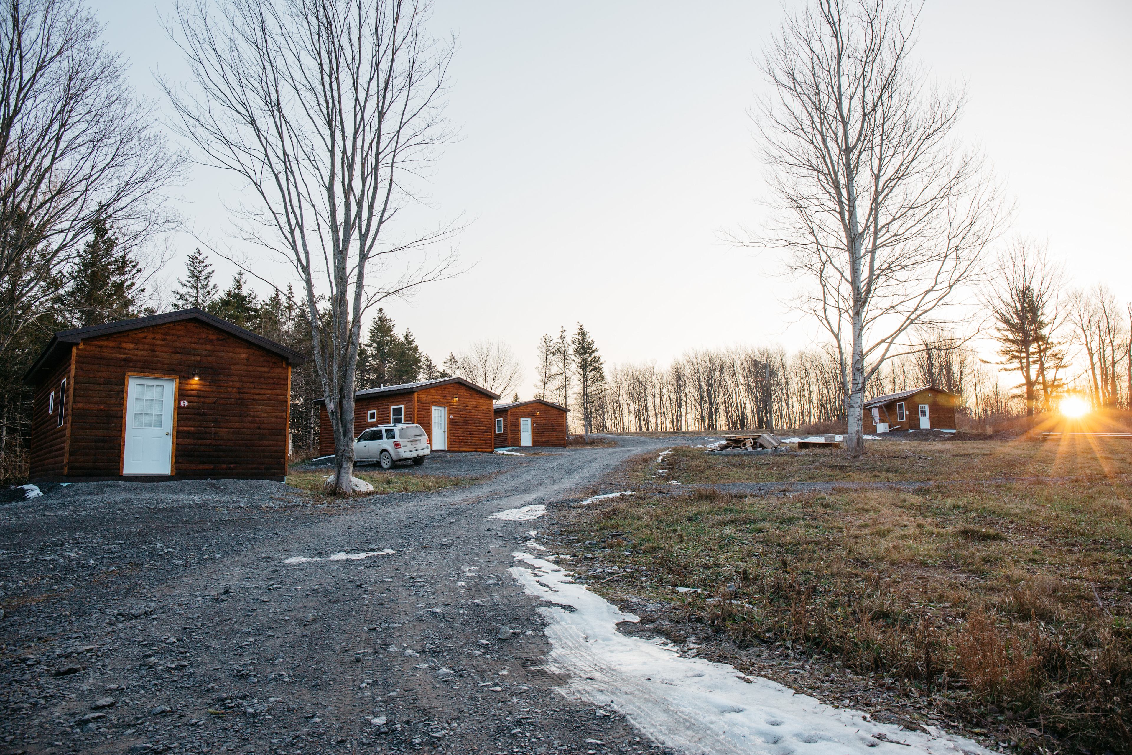 The group of cabins from the bottom of the hill.