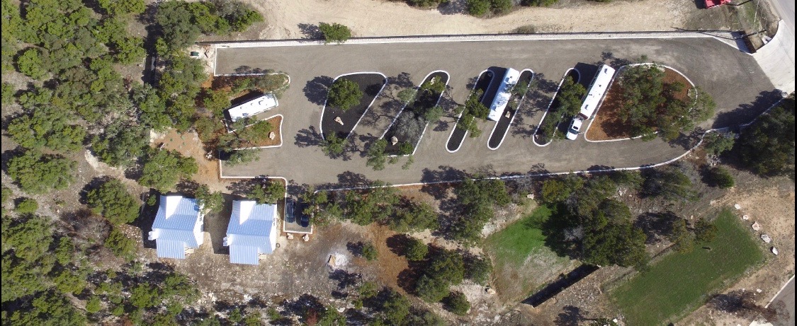 Aerial photo showing our seven RV Spaces and two vacation cabins