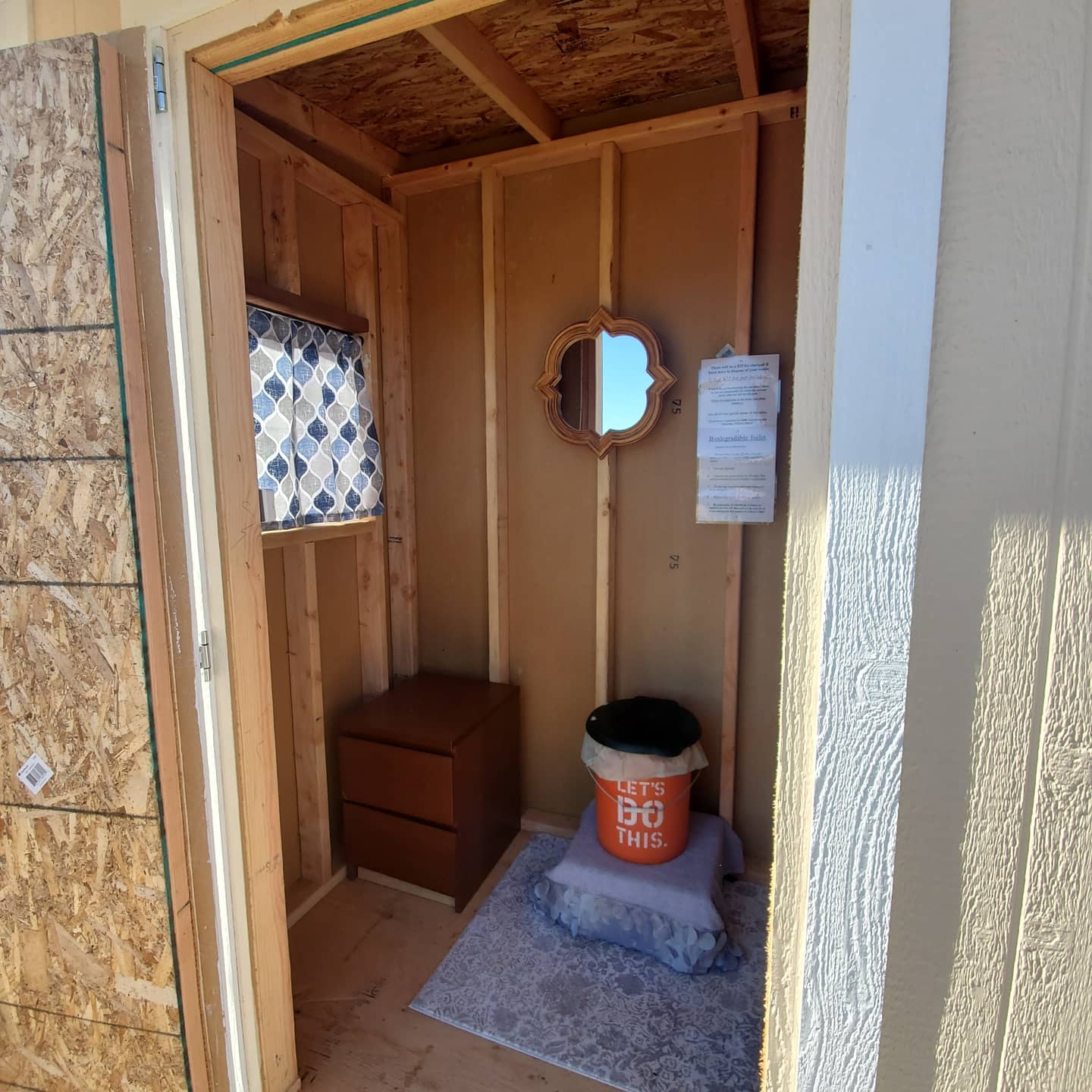 Upgraded the bathroom on 1/18/2020.
It's a compost toilet. Instructions are posted. 
Supplies are in the dresser.
 There is room to change and a mirror.
Light is to the left of the door.
