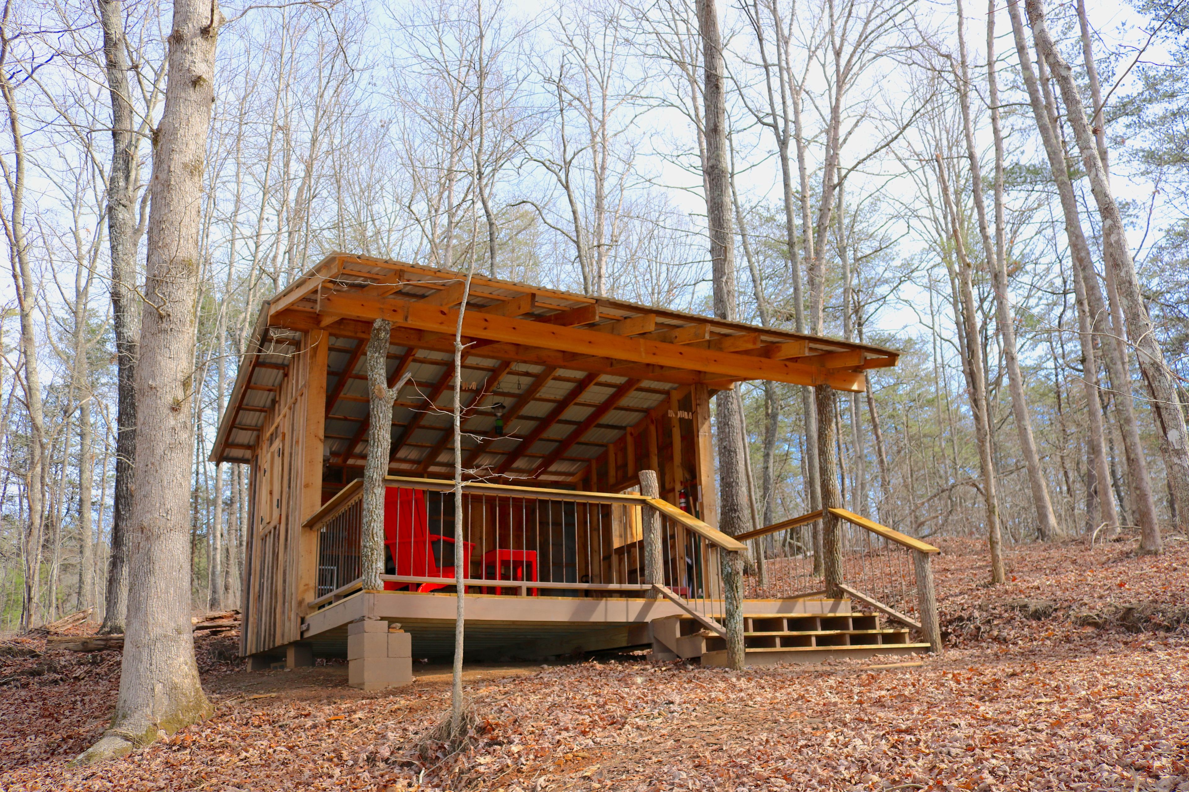 You are definitely in the mountains now! shelter is hand crafted from all rough sawn locally sourced wood from the site or from Fannin County forests.
