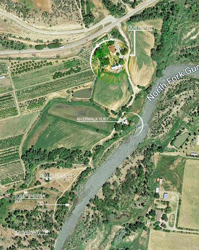 The property in its entirety with 2 Yurts and a Tipi.
