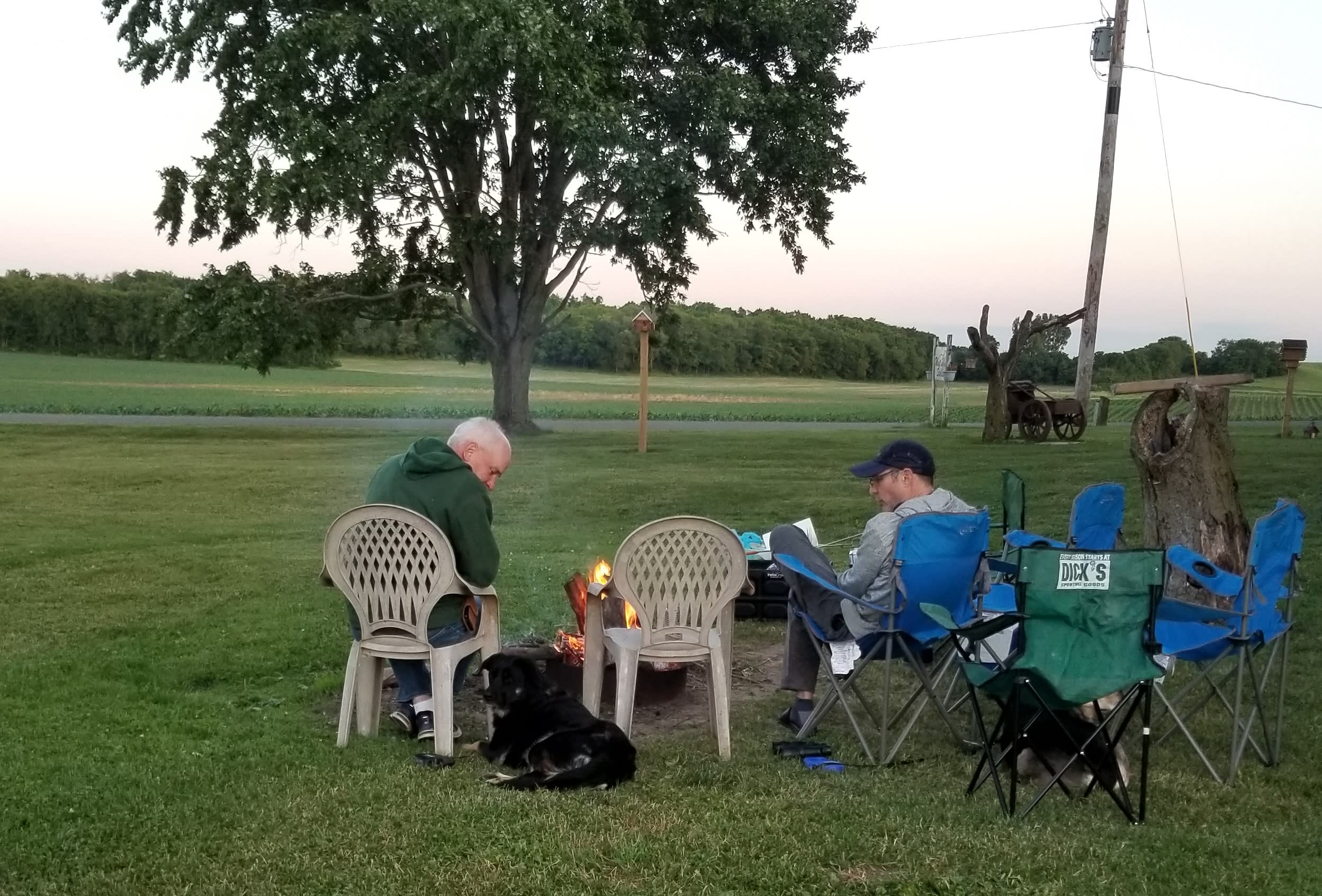 Enjoying a fire on a chilly spring evening.