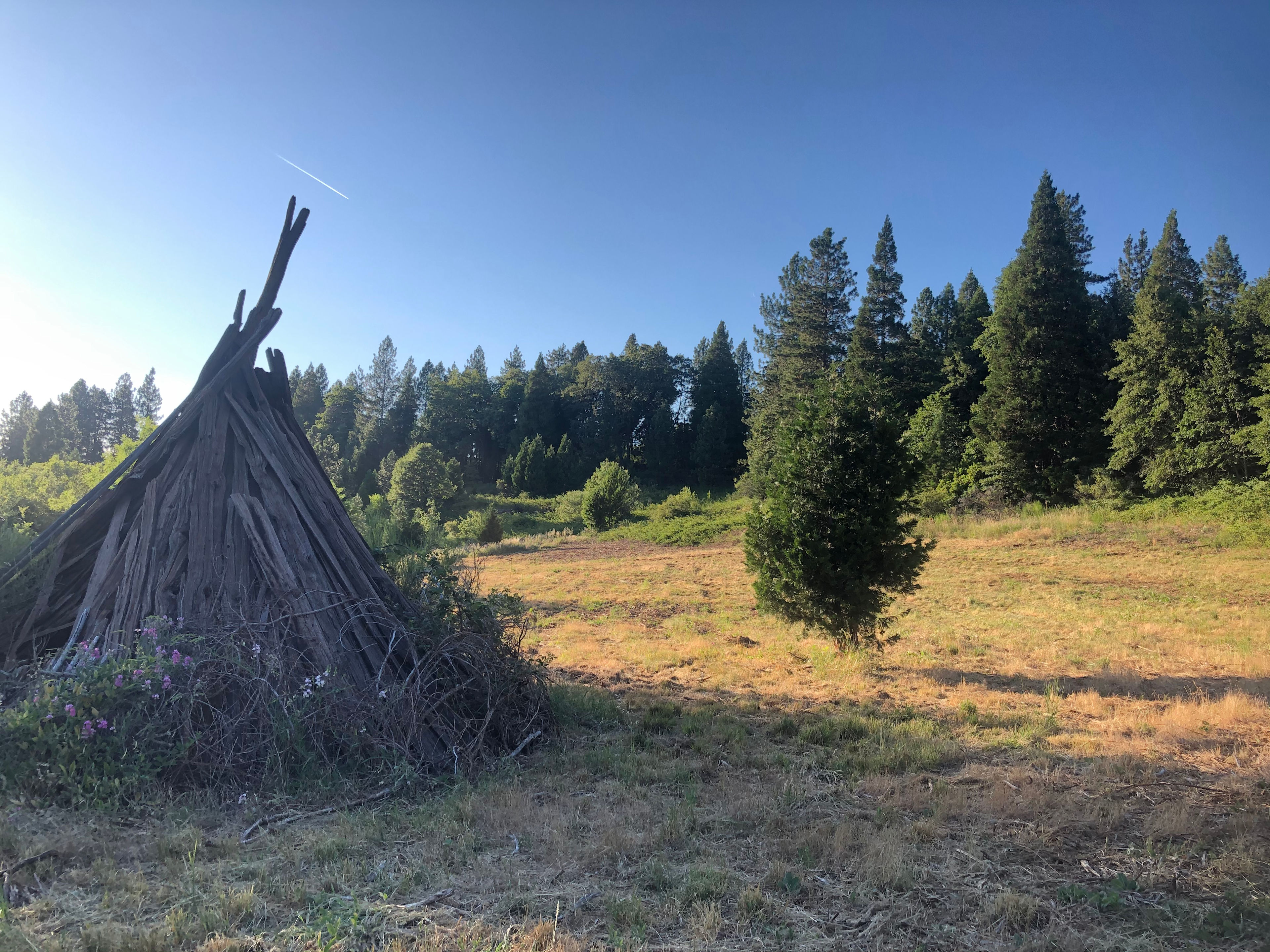 You can camp in an open meadow with an old teepee and a small stream!