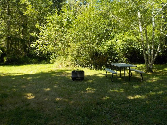 Picnic table and firepit.