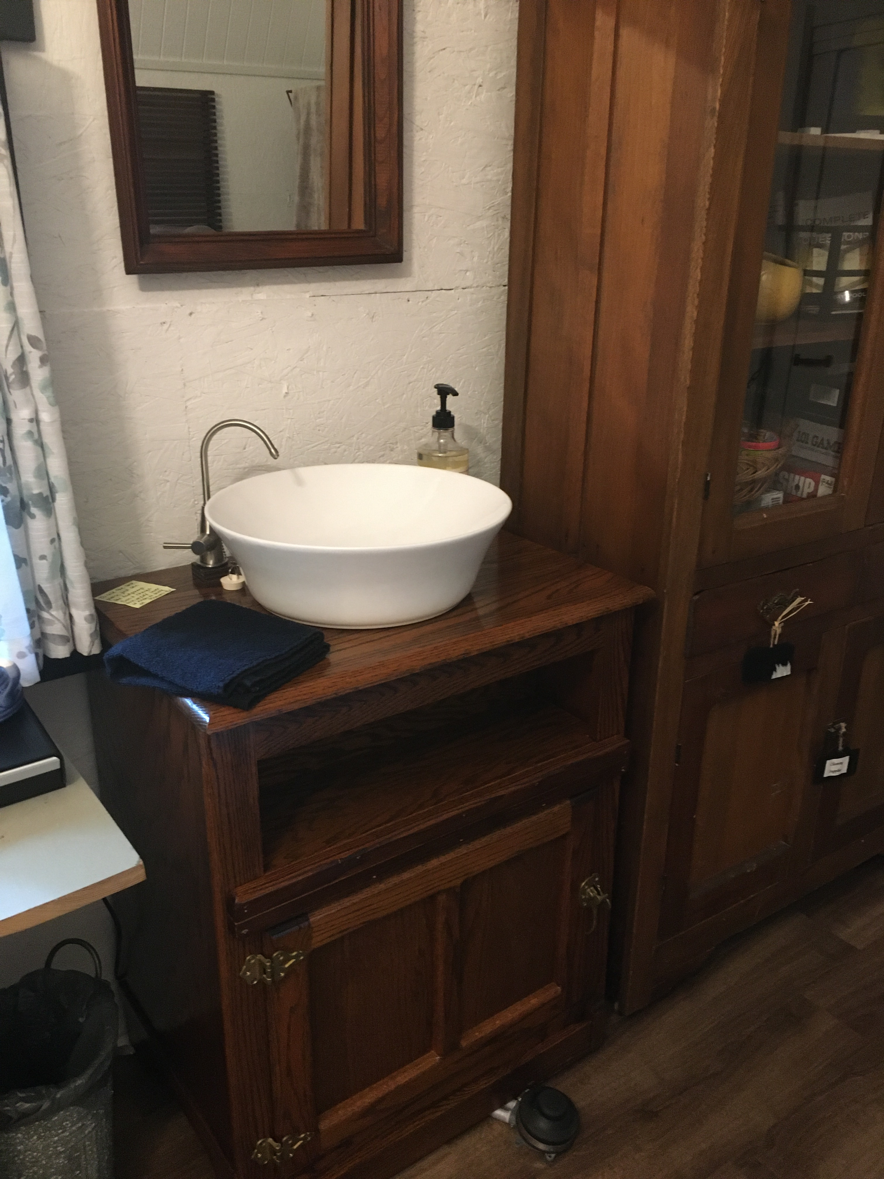Our foot pedal sink allows you to brush your teeth and freshen up indoors.