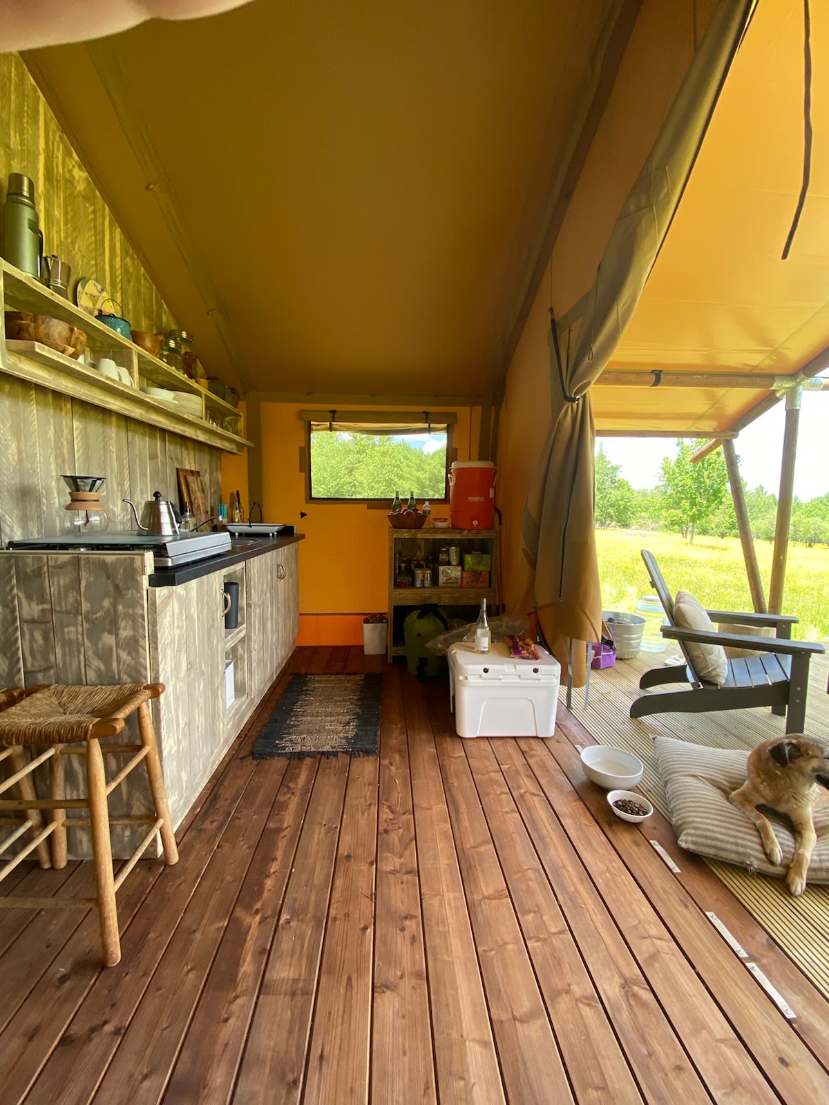 Buttercups cap kitchen includes a gas cookstove and a sink with hot water