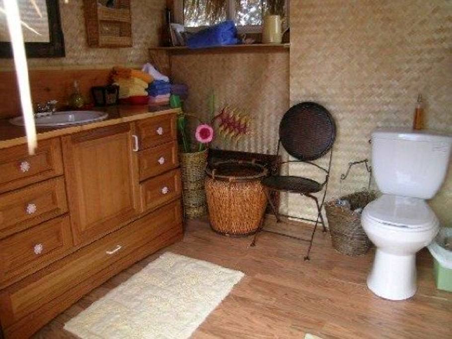 Bathroom in bath house, shower attached with door