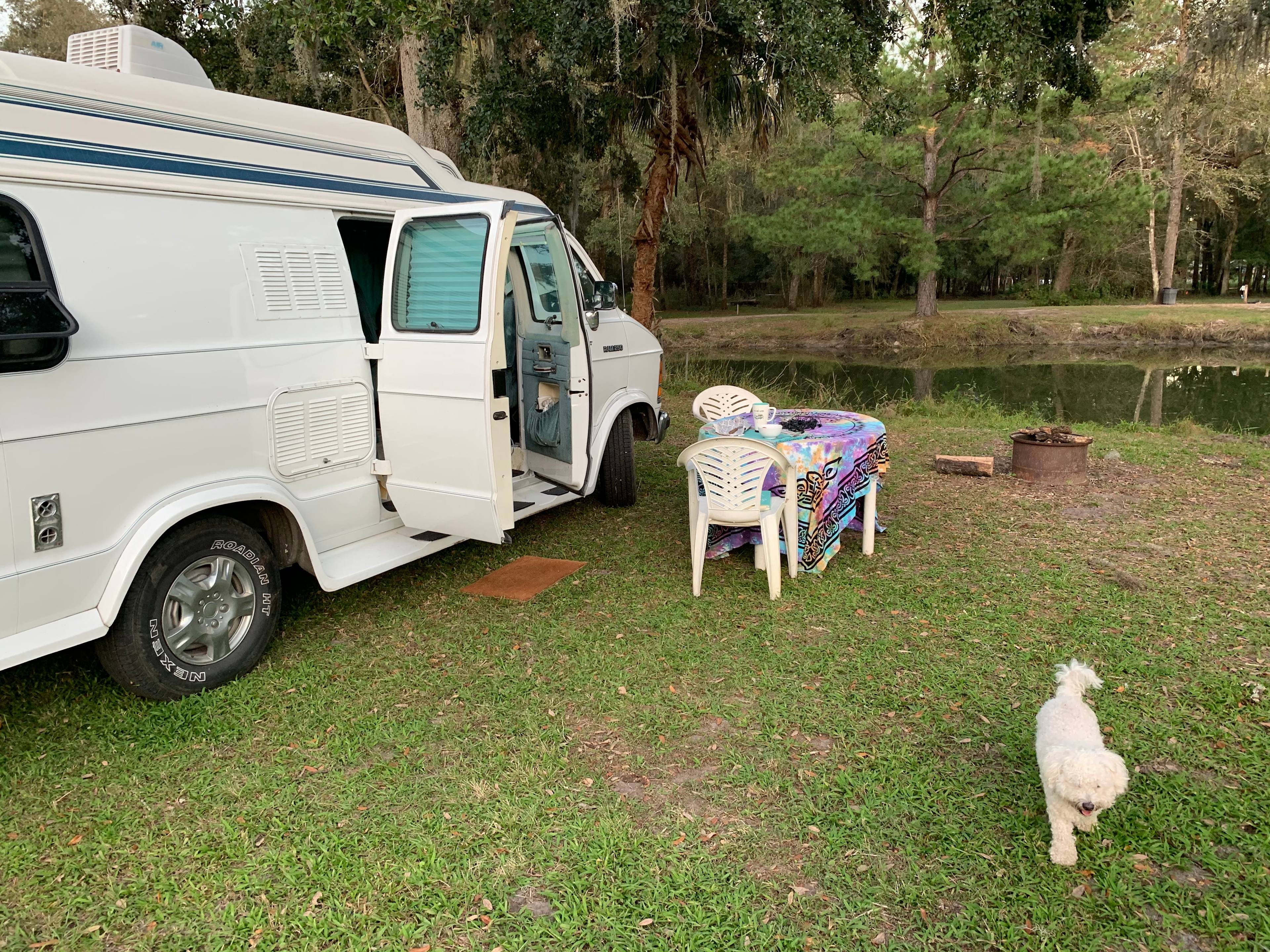 Parked in front of the pond, under the oak trees. 