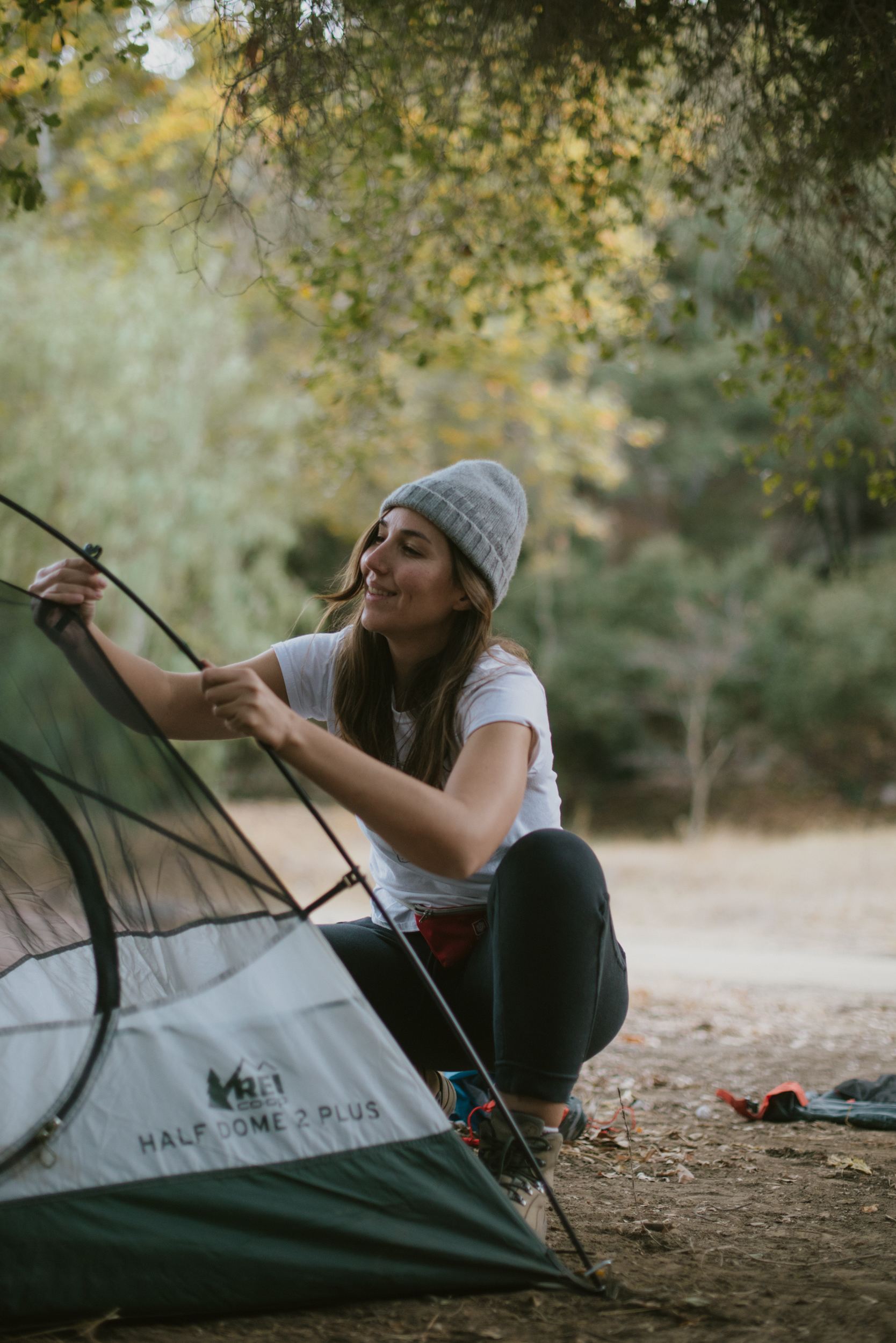 Caitie setting up her tent for the evening.