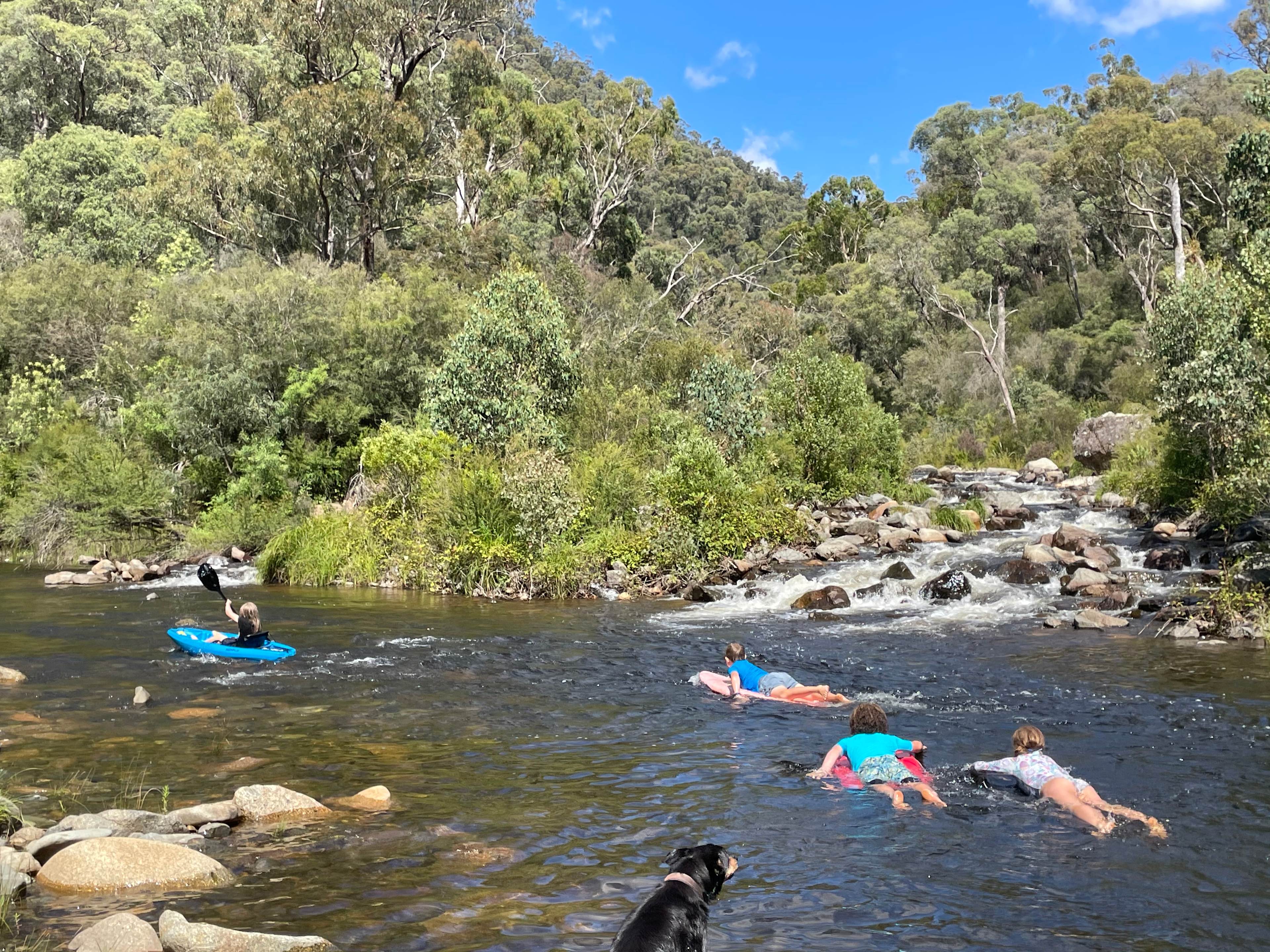 Two rivers converge to create good swimming and gentle rapids. 