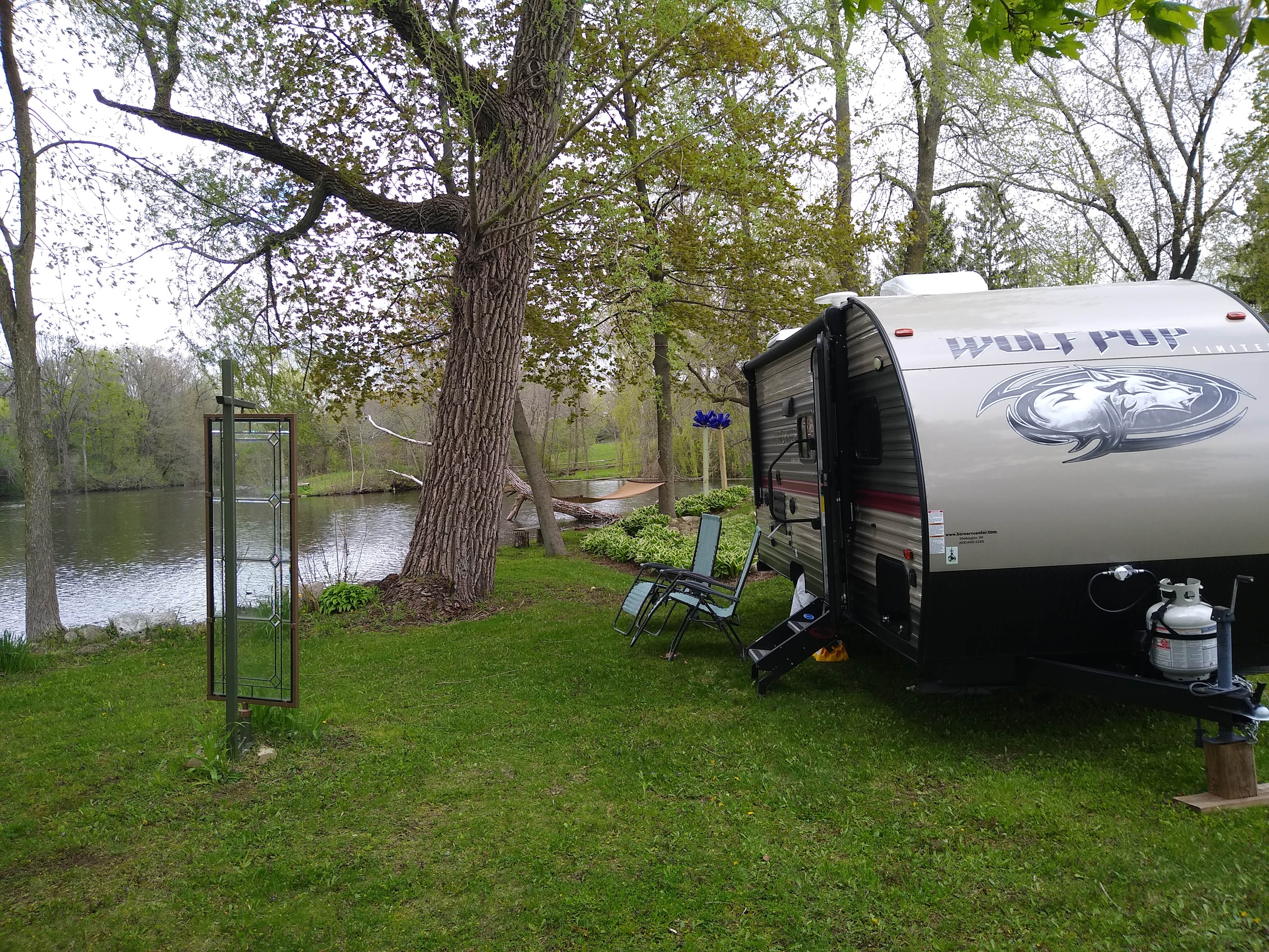 The grass block paver pad is 23' x 10'.  It fits a up to a 43’ camper.