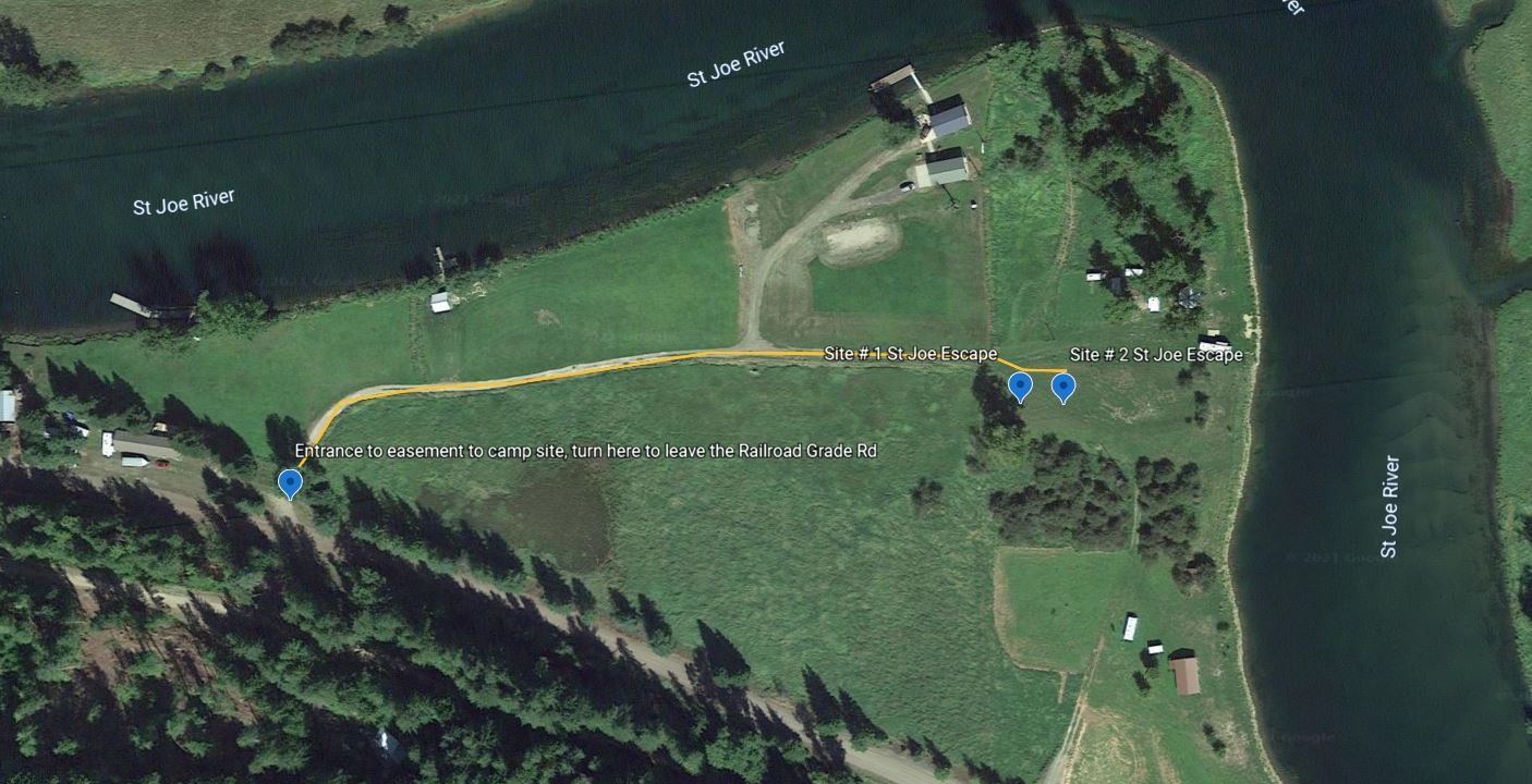 Google image of site locations.  Site 1 & 2 are marked and the open area between camp the river bank is the common area for access to the river.  The open area is a shared area for campers in site 1 & 2 and legal ingress egress to a separate parcel.