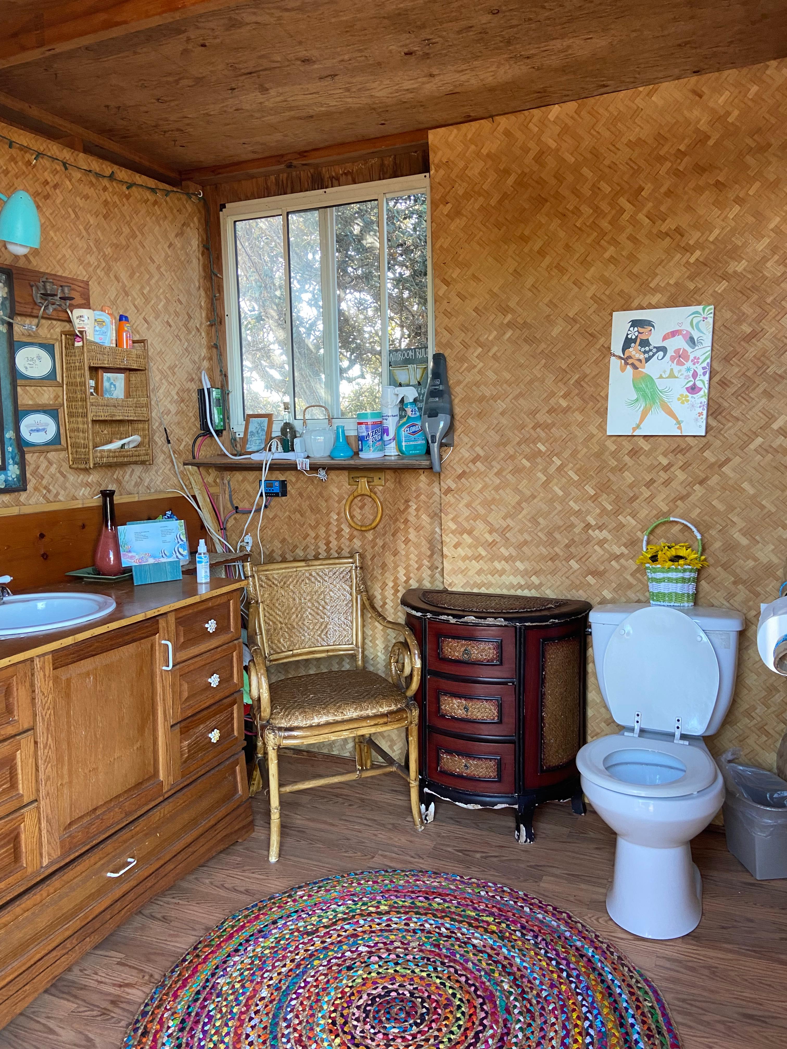 Flush toilet, solar lights, clean bathroom