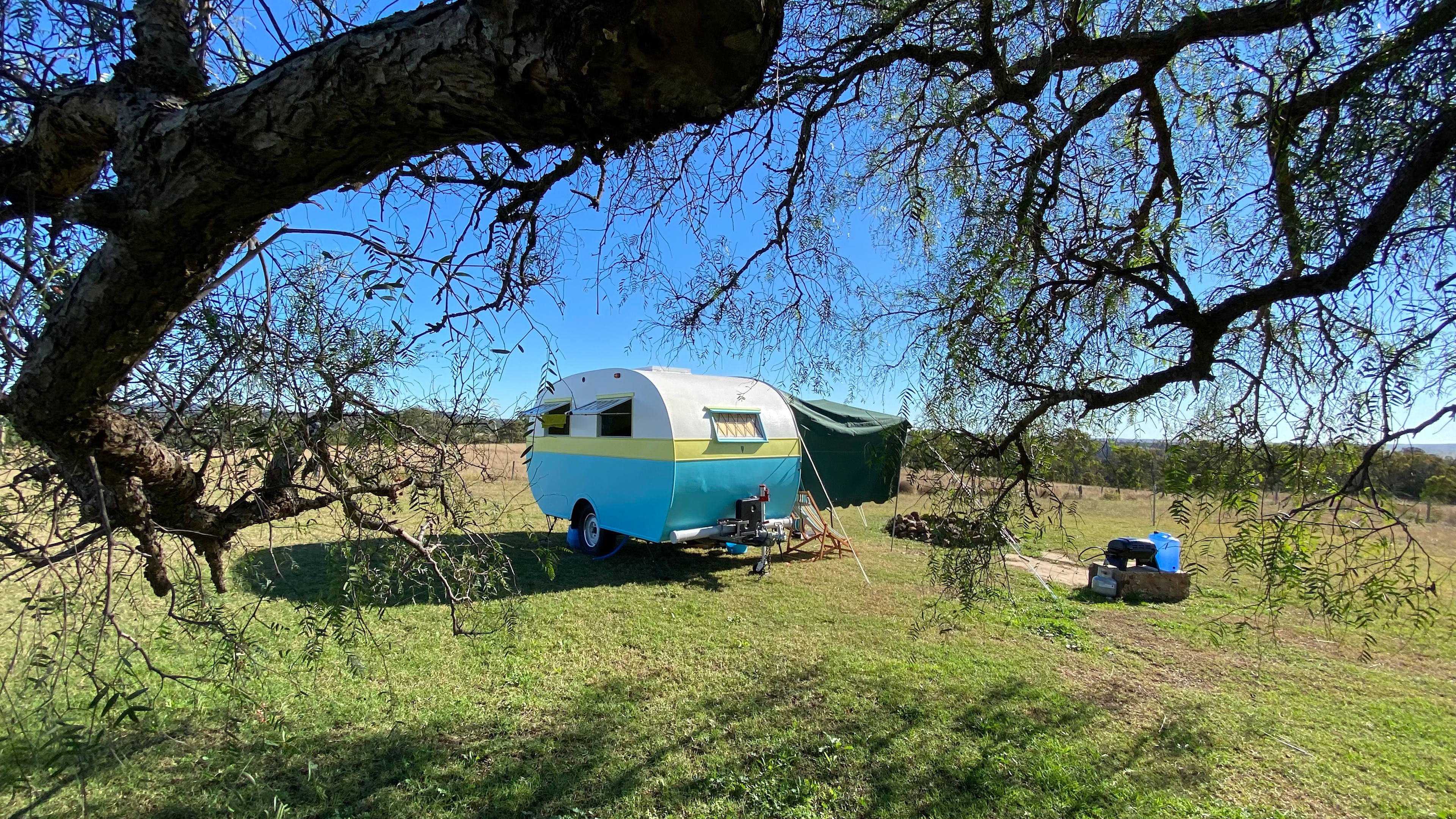 View of our set up from the pepper tree