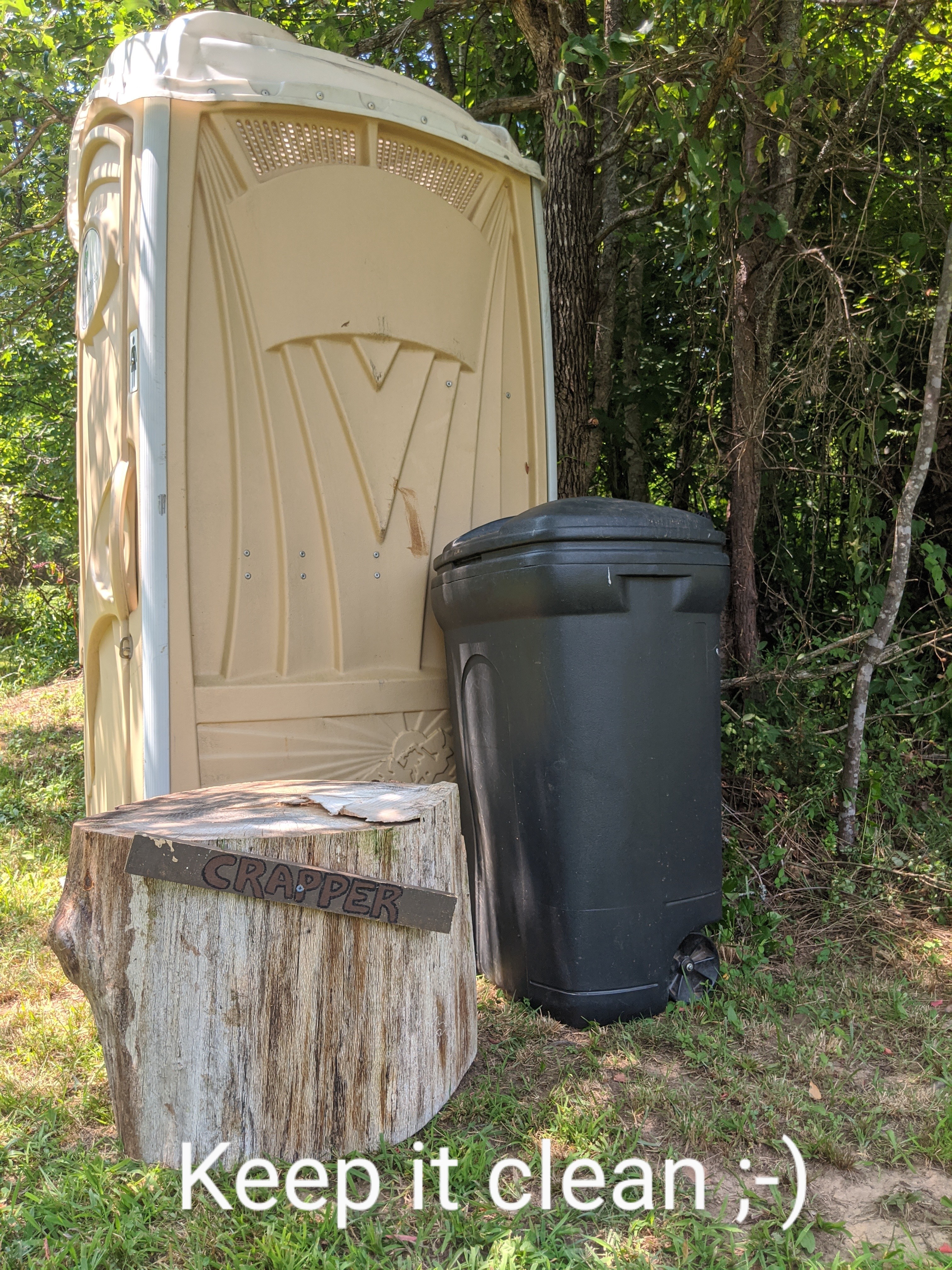 The water spigot is at the log across from horse pasture and the porta john is in the corner on the way to the spigot. There is now a solar powered bath house (behind the porta-john). Switch to left of the door turns on the light. Switch beside shower turns on water pump. PLEASE turn them both off as you leave. 