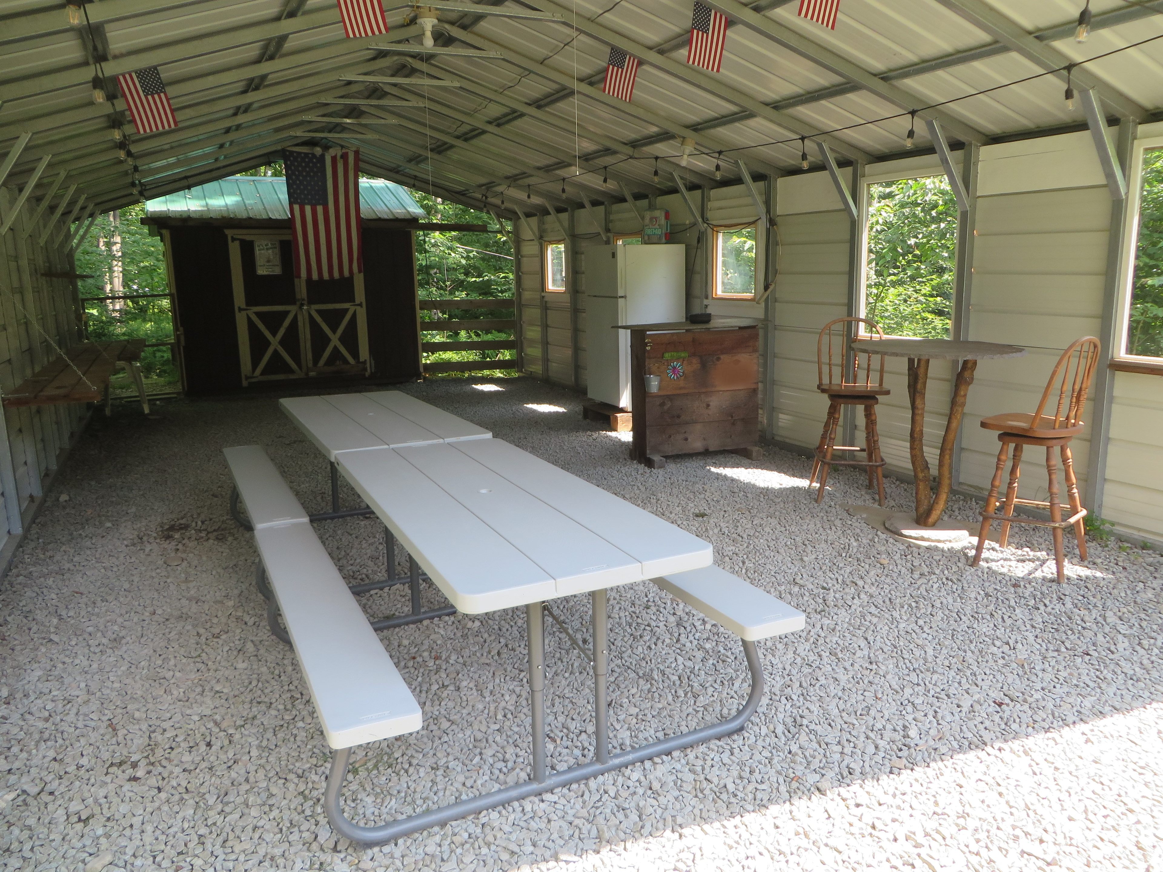Worried about summer thunderstorms? No worries! We have you covered under our 35’ x 18’ pavilion! The pavilion has enough space during inclement weather for guests and a few tents. 