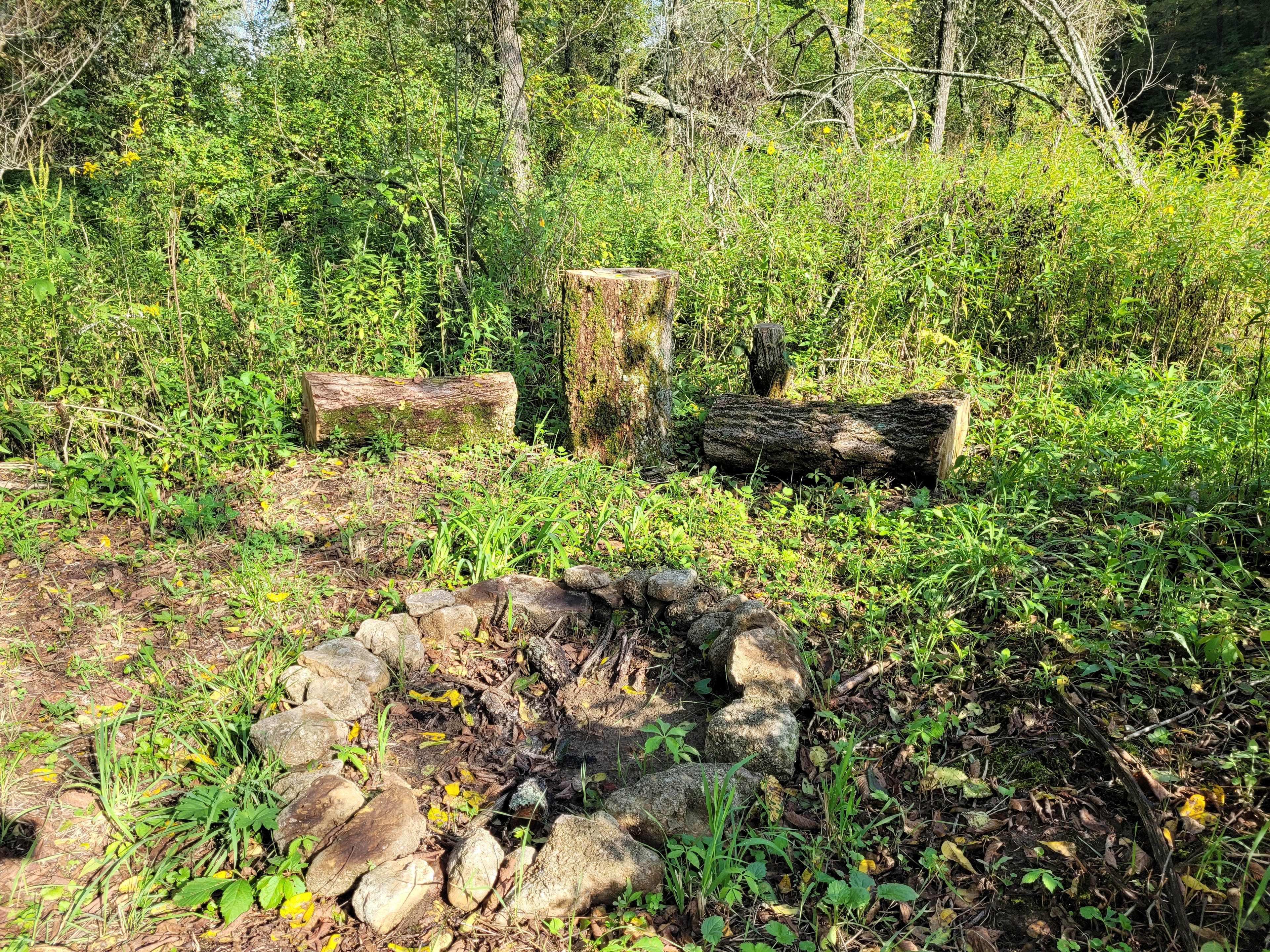 private fire pit with log seating. A wheelbarrow of firewood provided.