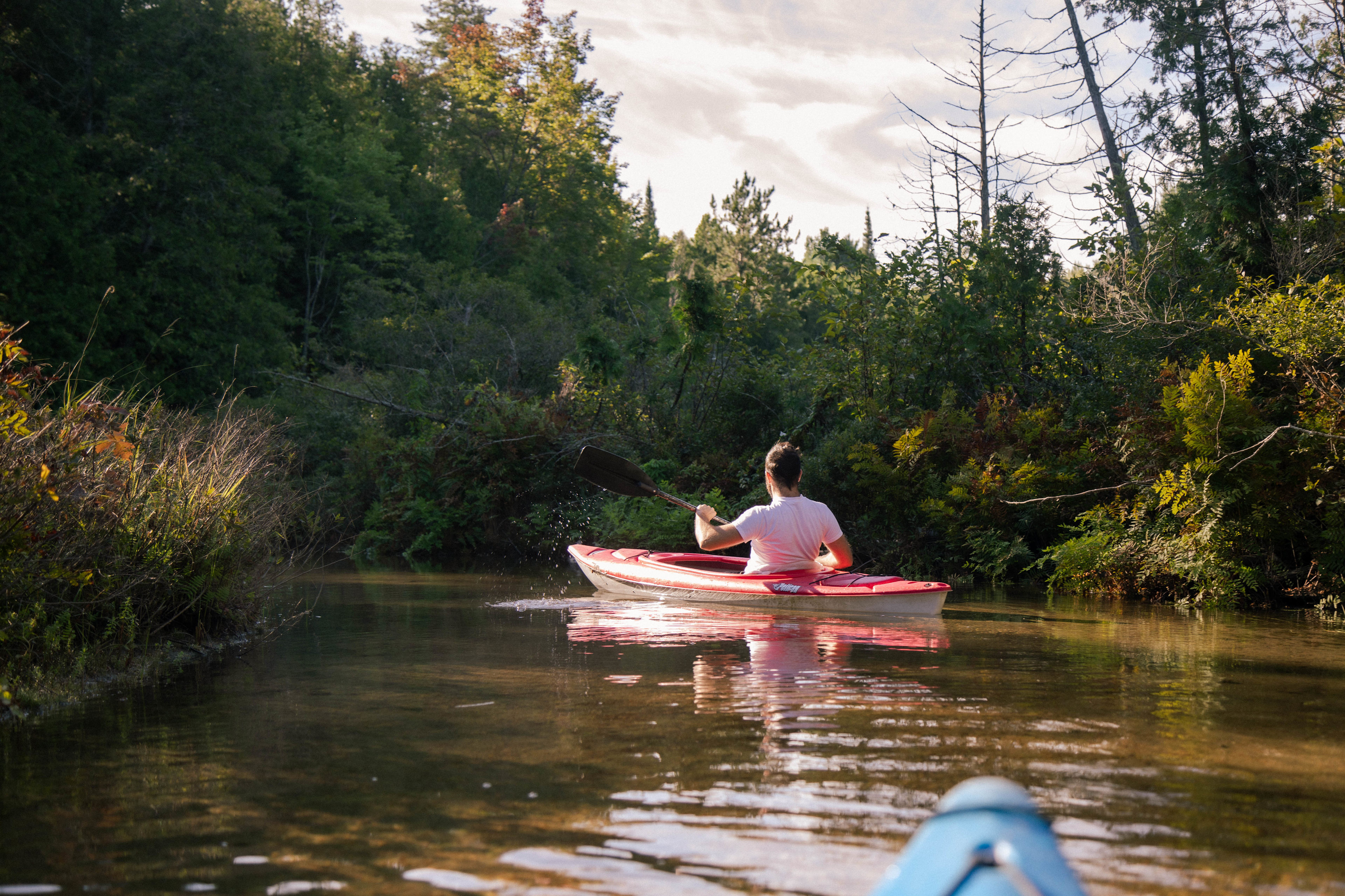We got to see lots of fish and a heron fly past us as we kayaked the creek into another neighbouring lake.