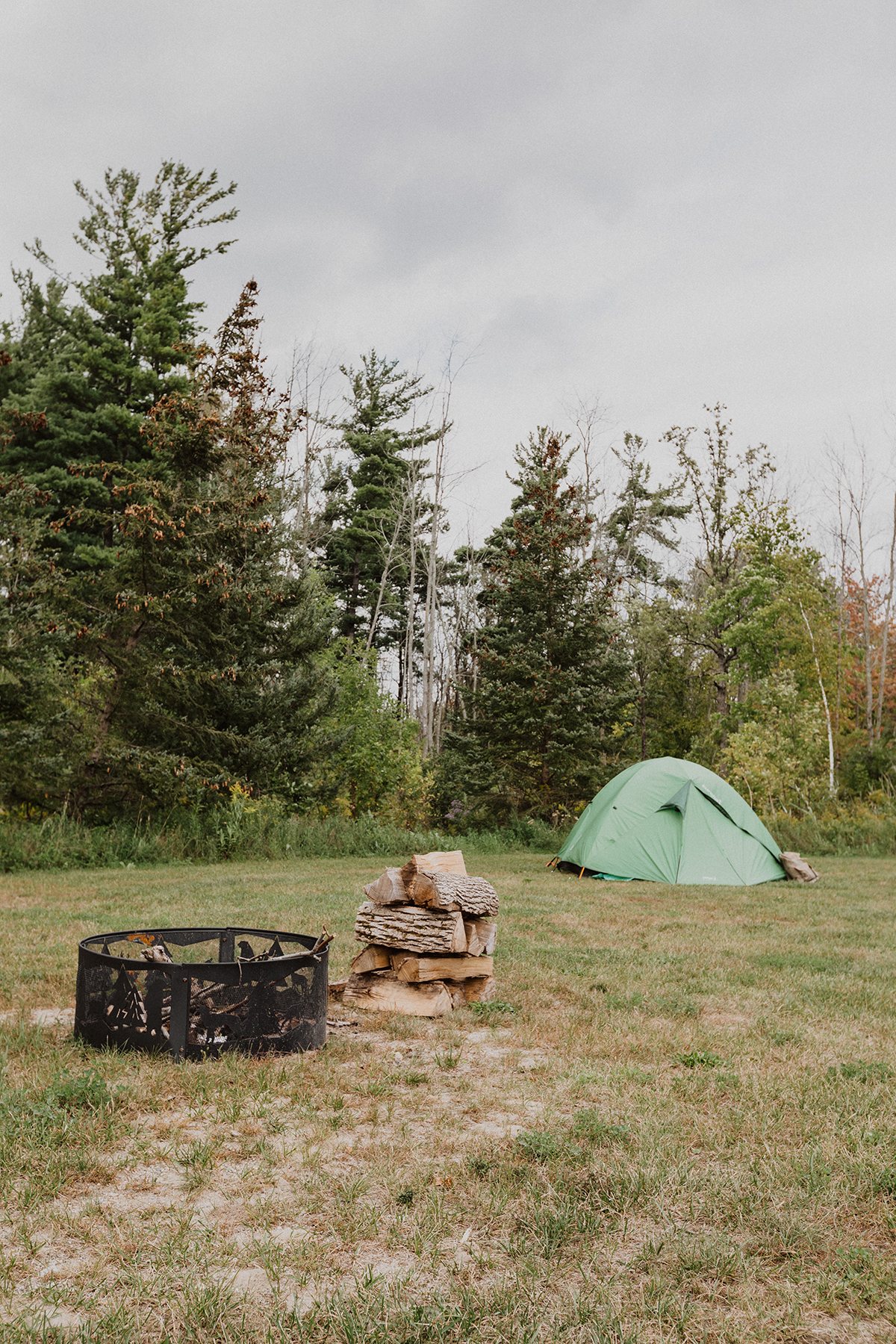 Each campsite us equipped with its own fire pit and a generous pile of wood.