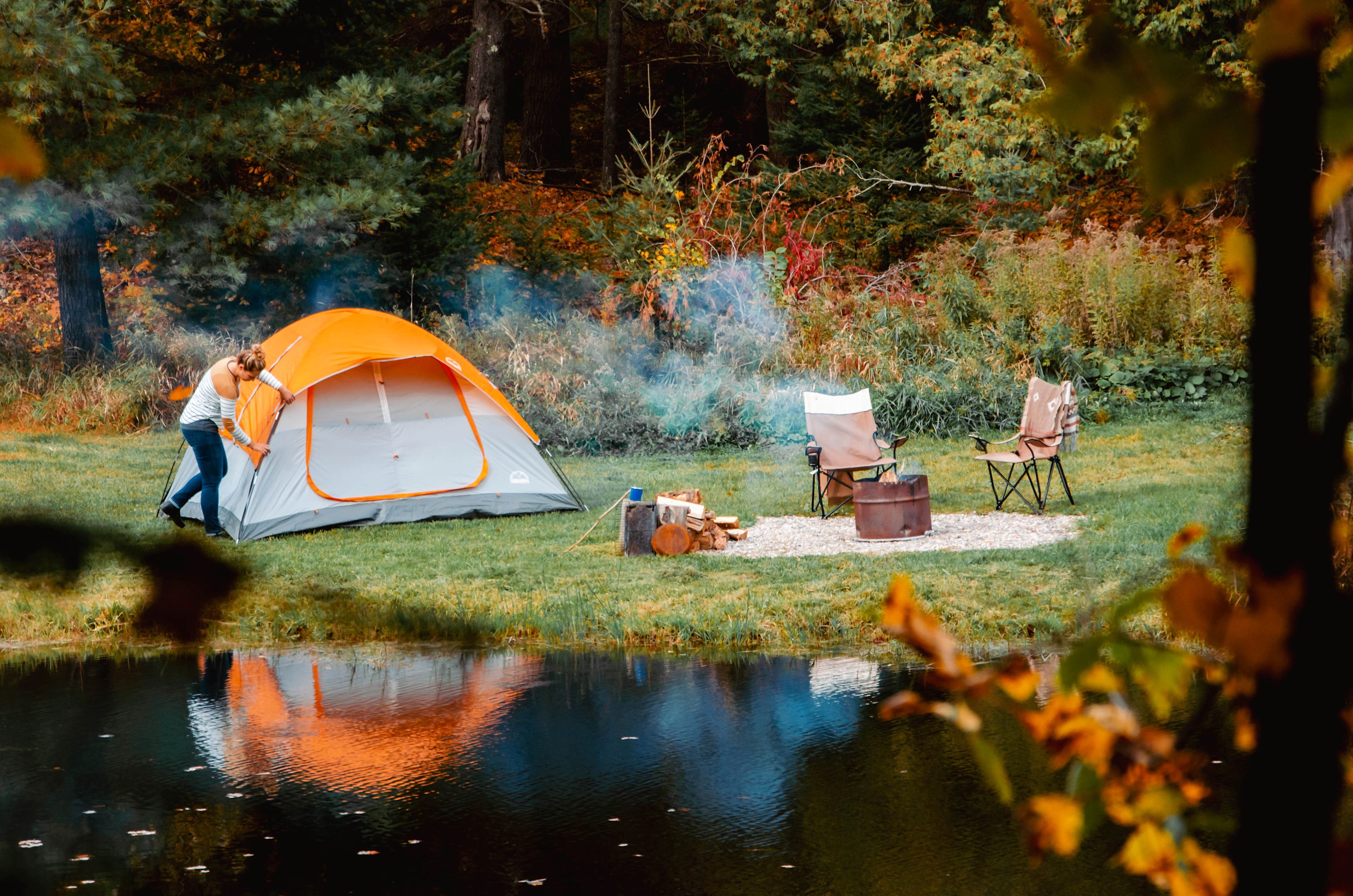 Setting up camp near the water