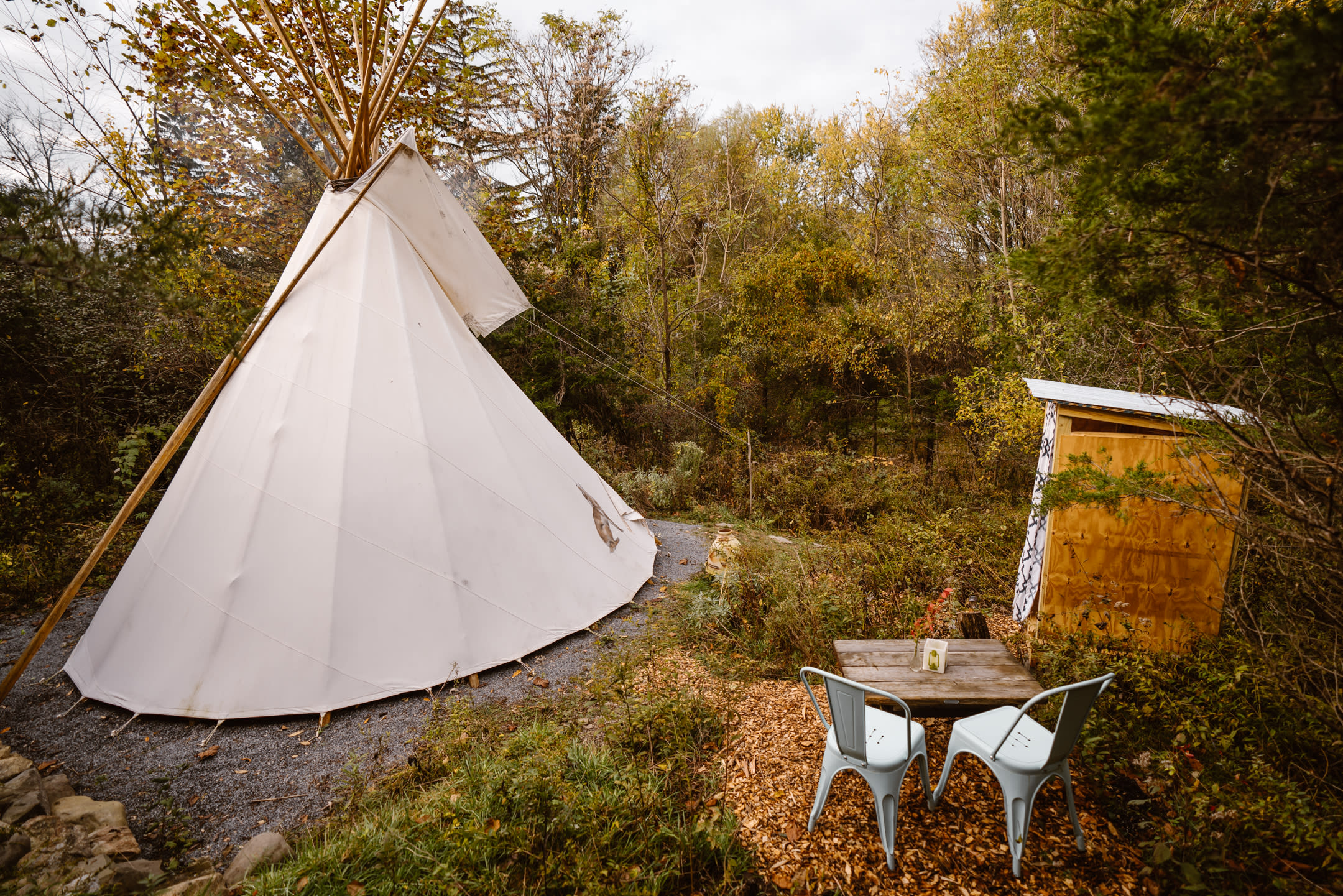 This campsite includes a fully furnished tipi, a private outhouse, and place to sit and enjoy our morning coffee outside.