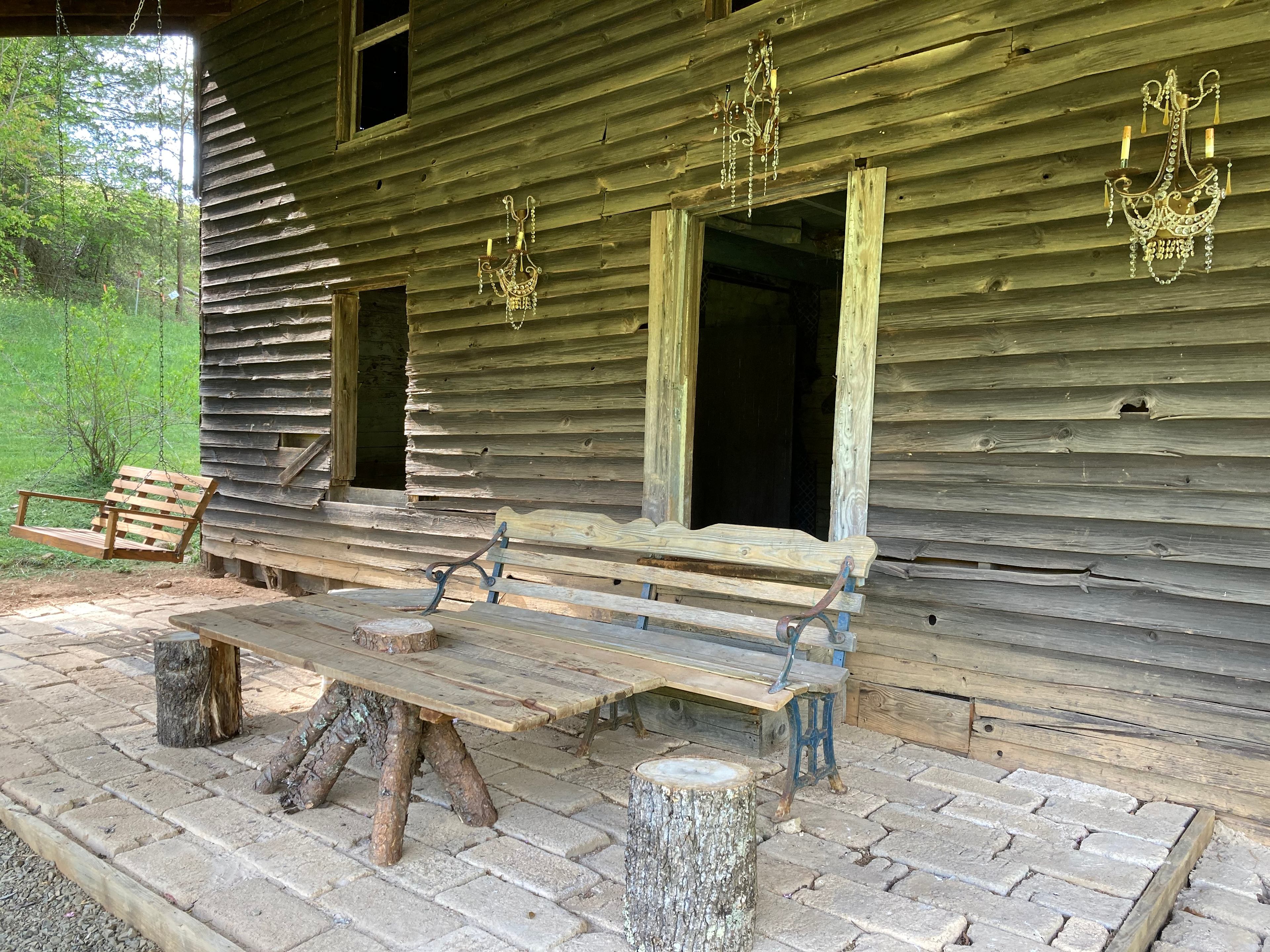 Sitting patio area by the house. Lovely views of the pond, the mountains, and the Lee Gypsy Wagon.