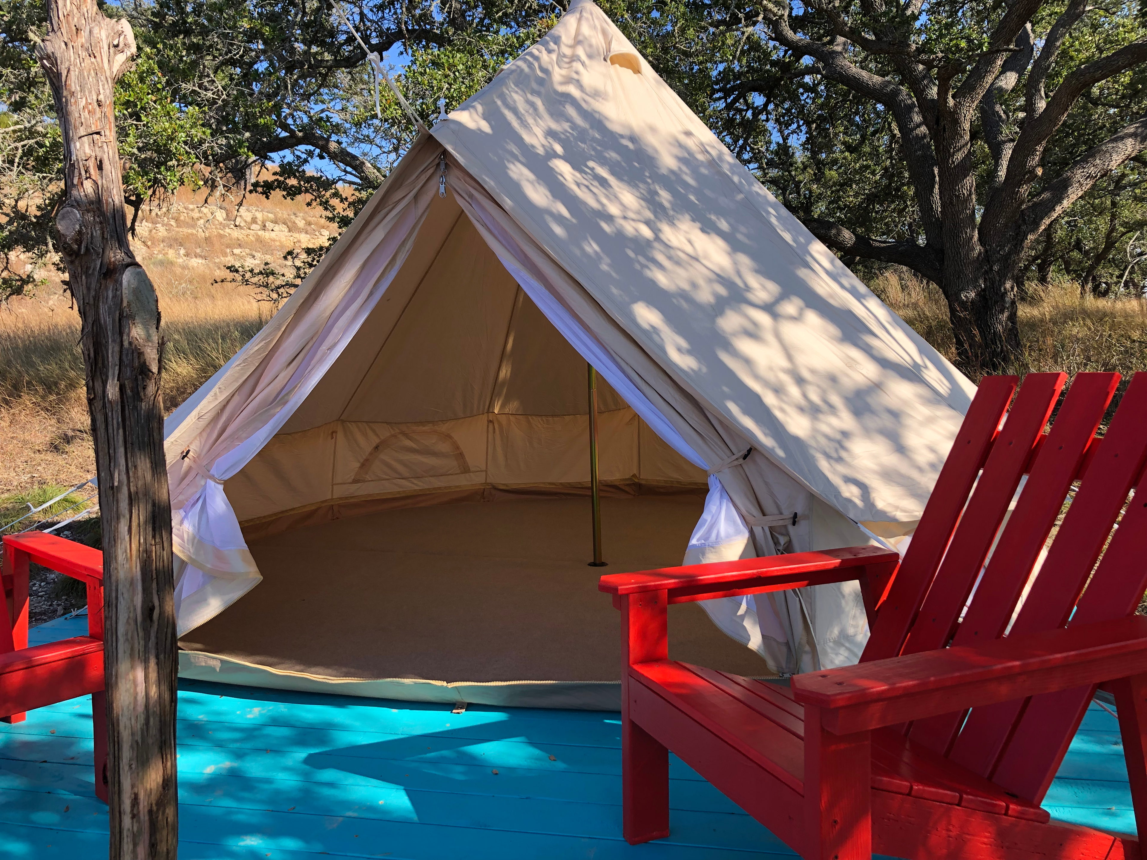 Bell tent has a large area rug on floor and plenty of room