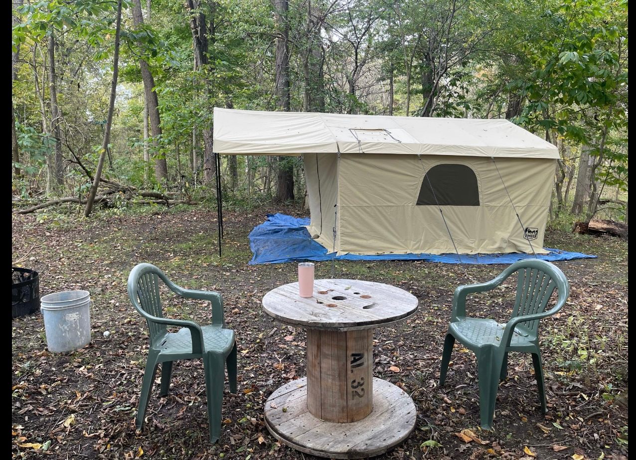 This tent is available to rent. Wood burning fireplace provided with firewood